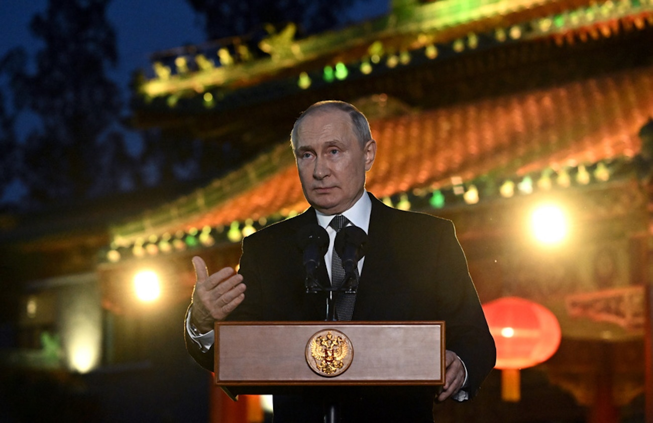 epa10925551 Russian President Vladimir Putin answers questions from reporters following the 3rd Belt and Road Forum for International Cooperation, at the Diaoyutai State Guest House in Beijing, China, 18 October 2023.  EPA