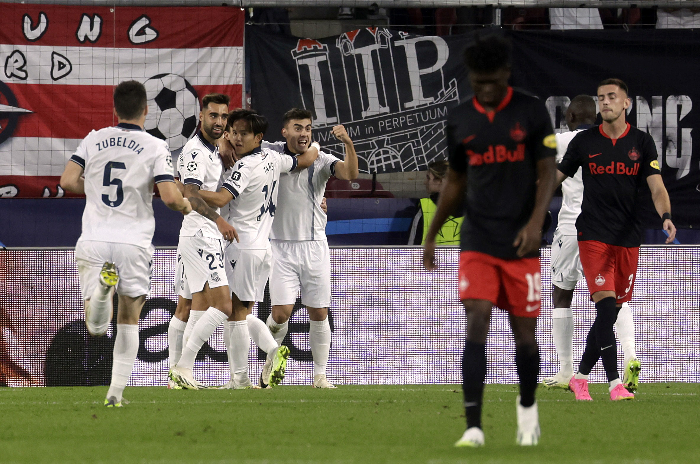 Soccer Football - Champions League - Group D - FC Salzburg v Real Sociedad - Red Bull Arena Salzburg, Salzburg, Austria - October 3, 2023 Real Sociedad's Mikel Oyarzabal celebrates scoring their first goal with teammates REUTERS