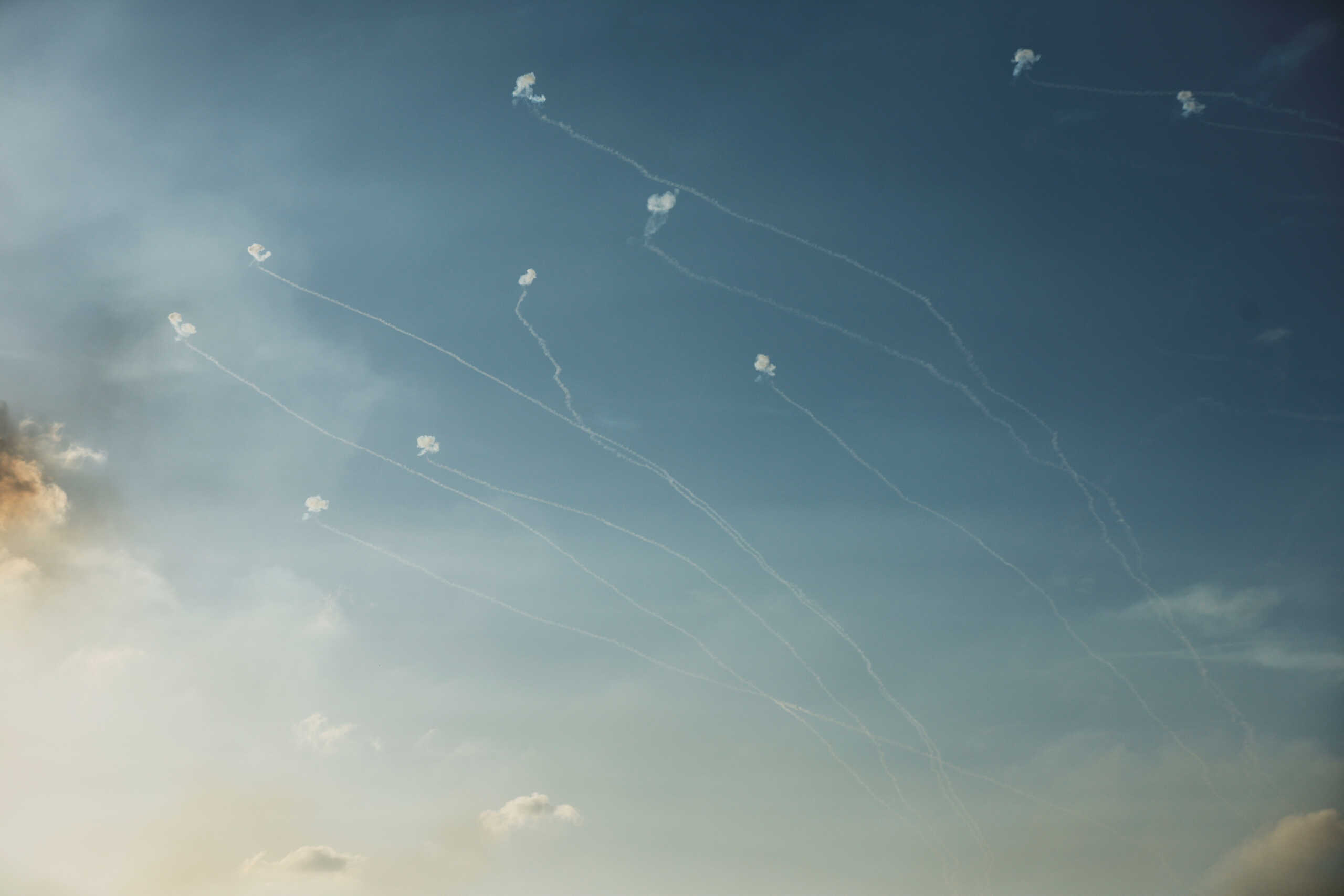 Israel's Iron Dome anti-missile system intercepts rockets launched from the Gaza Strip, as seen from near Sderot in southern Israel, October 10, 2023. REUTERS