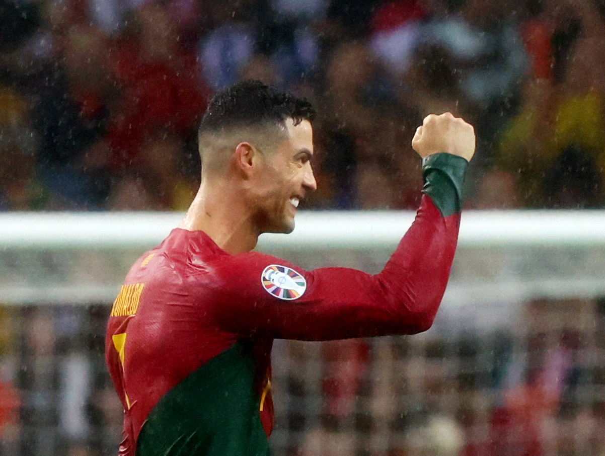 Soccer Football - Euro 2024 Qualifier - Group J - Portugal v Slovakia - Estadio do Dragao, Porto, Portugal - October 13, 2023 Portugal's Cristiano Ronaldo celebrates scoring their third goal REUTERS