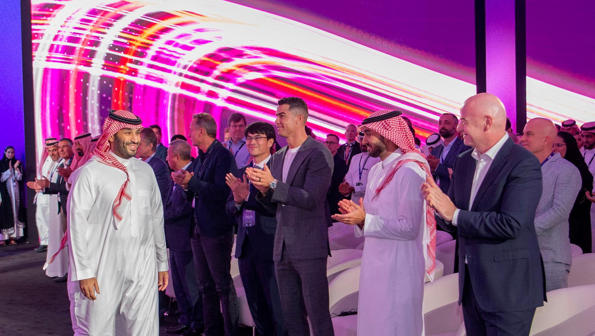 Esports - Esports World Cup Announcement - Riyadh, Saudi Arabia - October 23, 2023 Saudi Crown Prince Mohammed bin Salman with Al Nassr's Cristiano Ronaldo, FIFA president Gianni Infantino and Saudi sports minister Prince Abdul Aziz bin Turki Al-Faisal during the announcement Saudi Press Agency