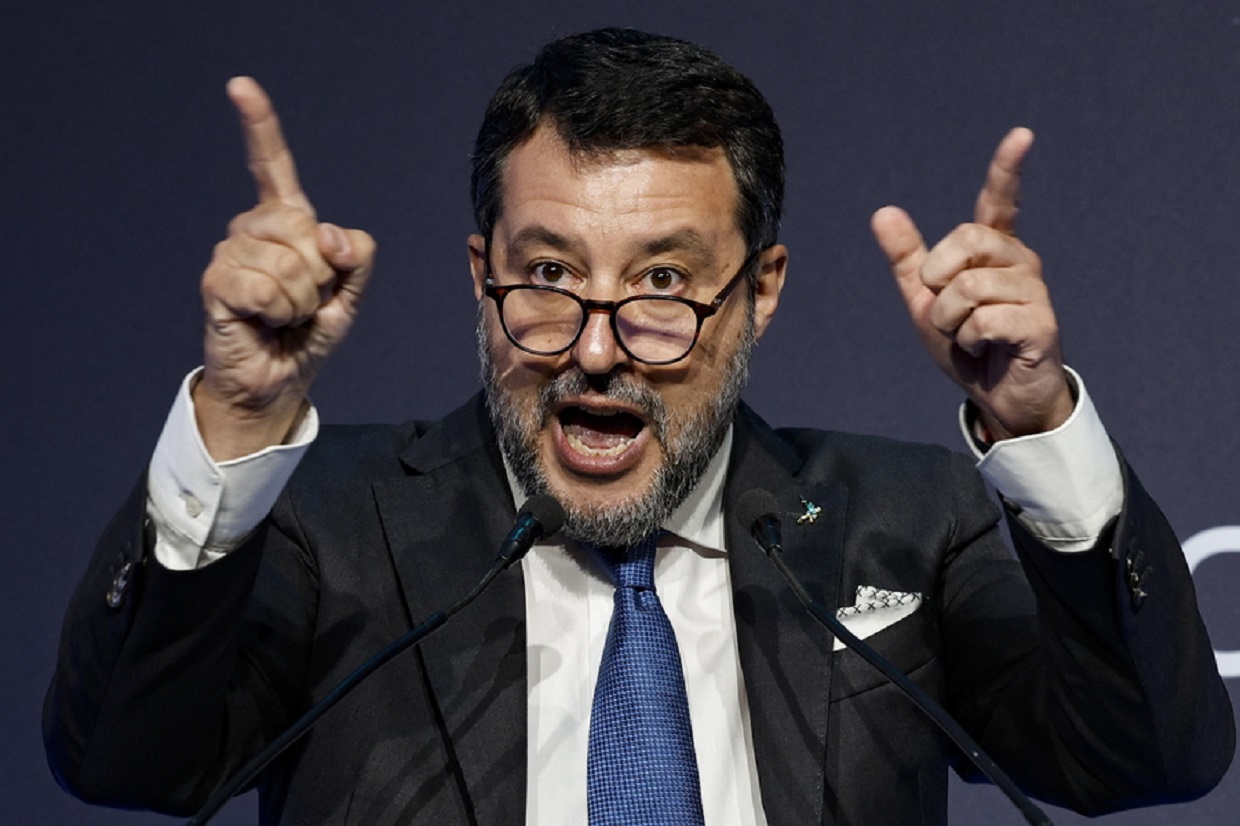 epa10701628 Italian Minister for Infrastructure and Deputy Prime Minister Matteo Salvini speaks during the annual meeting of the Italian shipowners' association Assarmatori in Rome, Italy, 20 June 2023.  EPA