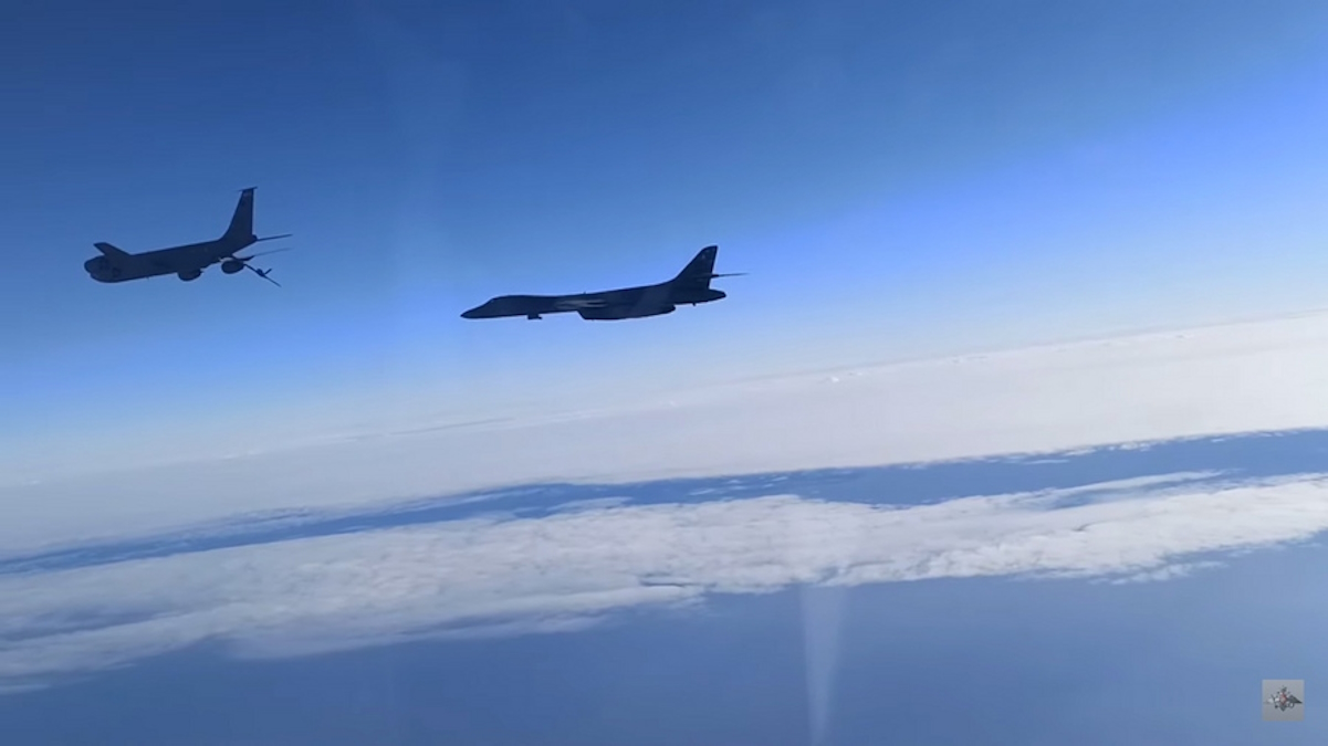 epa09533959 A handout photo taken from video footage made available on 20 October 2021 by Ministry of Defence of the Russian Federation shows a view of US Air Force aircrafts from a Russian Sukhoi Su-30 fighter jet over the Black Sea. As Ministry of Defence of the Russian Federation report, Russia scrambled two Sukhoi Su-30 fighter jets to escort two US B-1B long-range multi-mission bombers and two US KC-135 refueling military aircrafts over the Black Sea on 19 October 2021.  EPA
