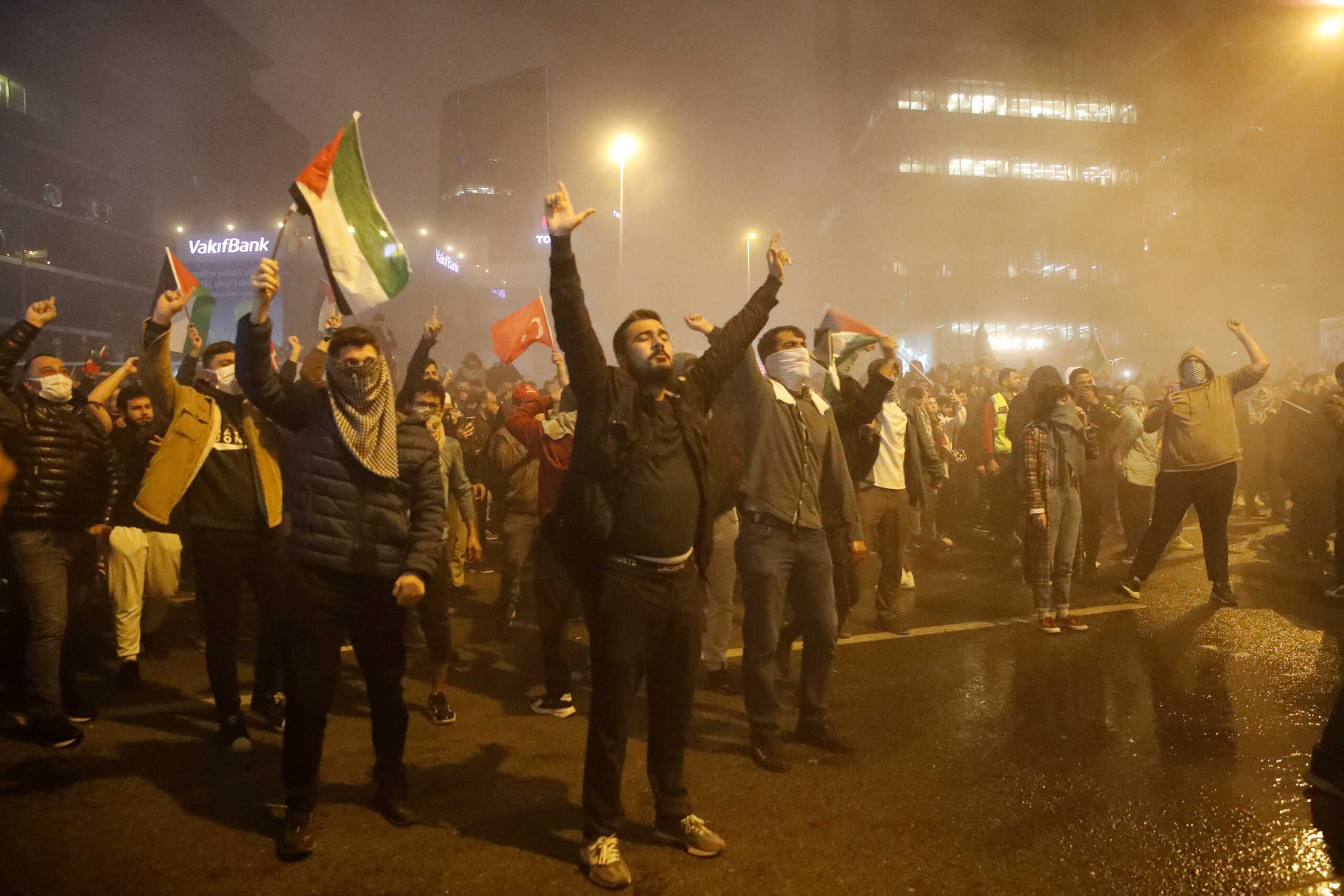 Pro-Palestinian demonstrators shout slogans during a protest, after hundreds of Palestinians were killed in a blast at Al-Ahli hospital in Gaza that Israeli and Palestinian officials blamed on each other, near the Israeli Consulate in Istanbul, Turkey October 17, 2023. REUTERS