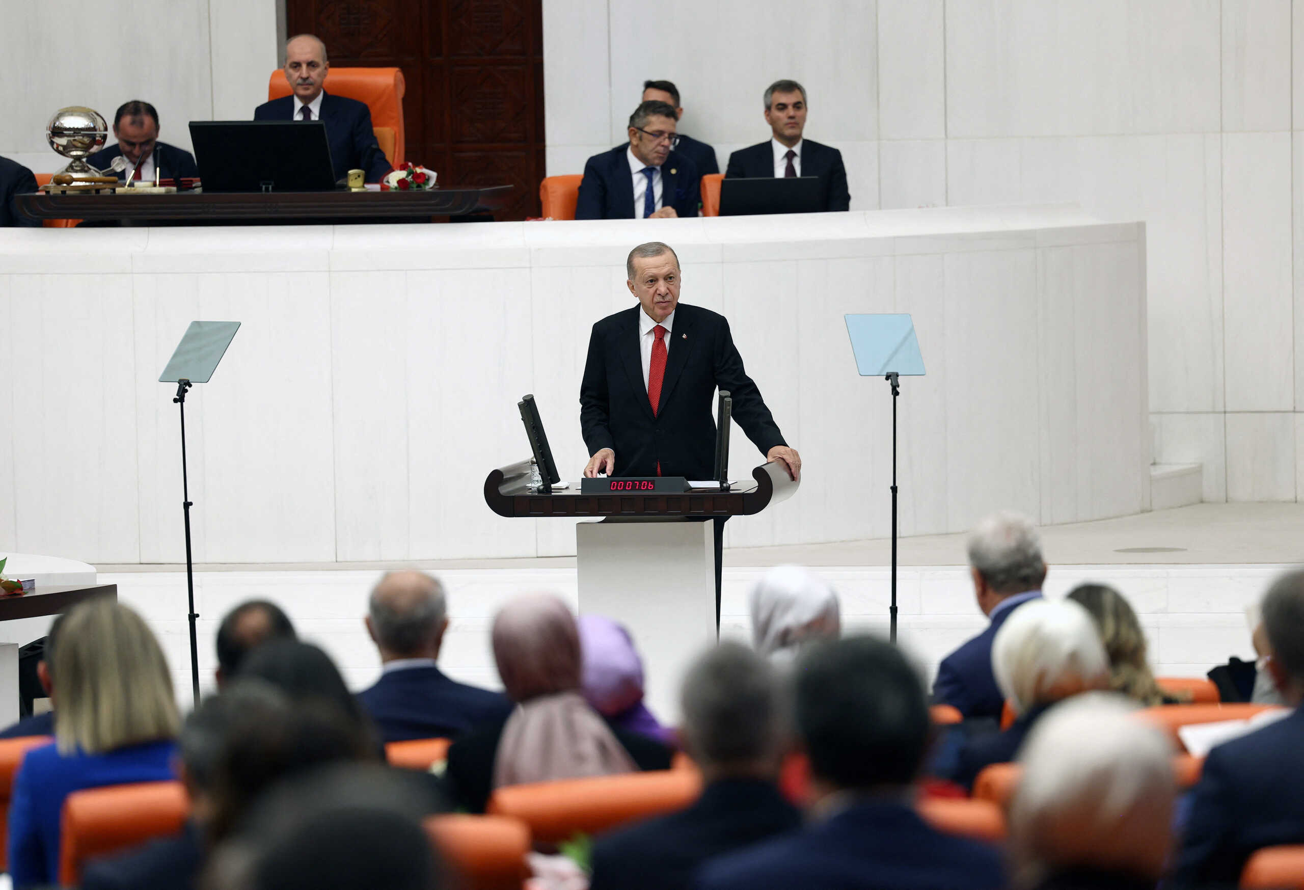 Turkey's President Tayyip Erdogan addresses members of parliament as he attends the reopening of the Turkish parliament after the summer recess in Ankara, Turkey, October 1, 2023. Murat Cetinmuhurdar