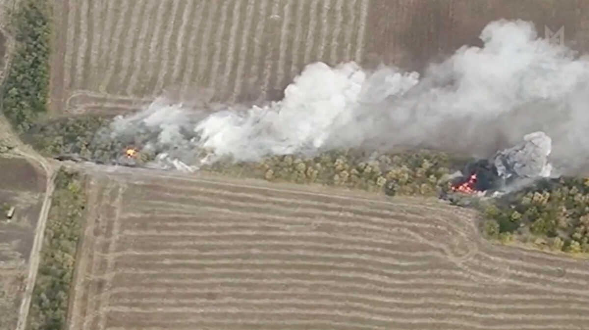 A still picture from a drone footage shows military hardware on fire near Svitle in Zaporizhzhia region, Ukraine, video released on October 3, 2023. Special Operations Forces Of The Ukraine Army
