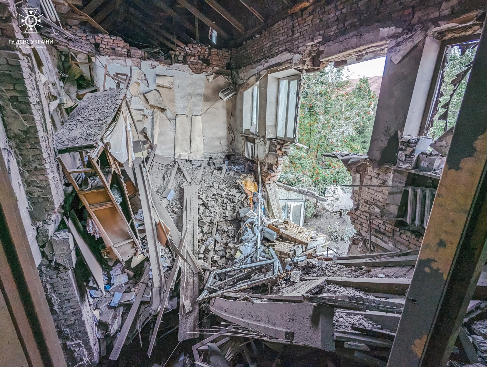 An interior view shows an administrative building damaged by a Russian missile strike, amid Russia's attack on Ukraine, in Pokrovsk, Donetsk region, Ukraine October 13, 2023. Press service of the State Emergency Service of Ukraine in Donetsk region