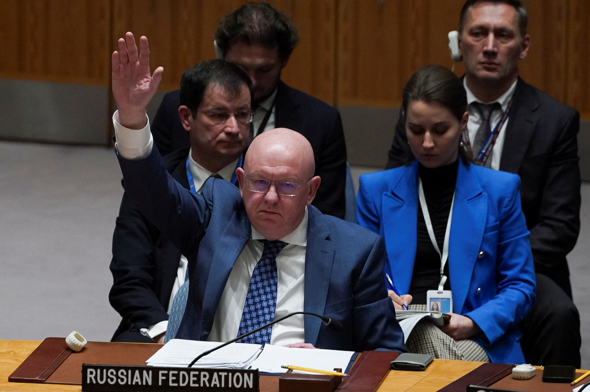 Russia's Ambassador to the United Nations Vasily Nebenzya votes during a meeting of the Security Council on the conflict between Israel and Hamas, at U.N. headquarters in New York, U.S., October 25, 2023. REUTERS