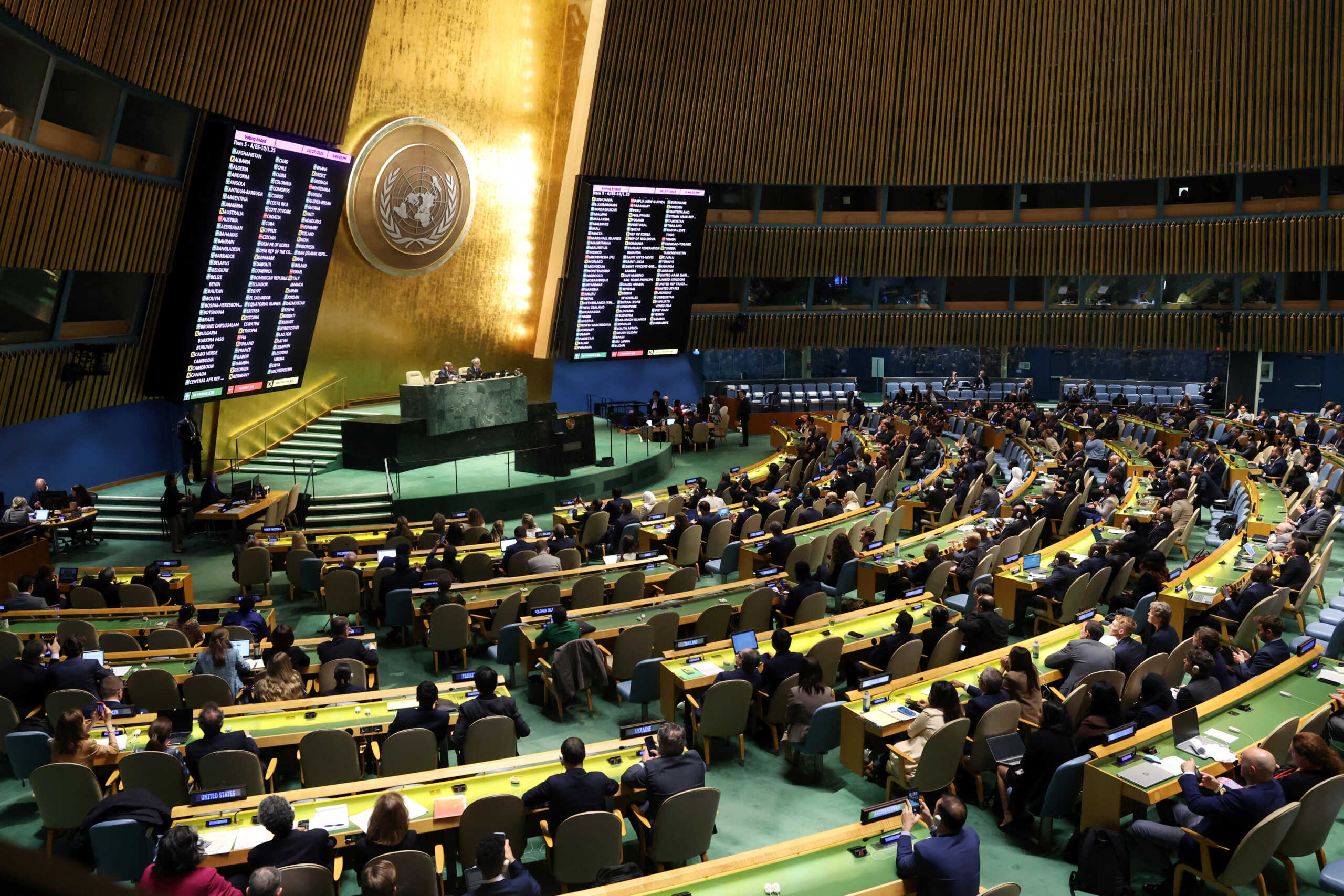 The results of a vote to adopt a draft resolution are shown on a display during an emergency special session of the U.N. General Assembly on the ongoing conflict between Israel and Hamas, at U.N. headquarters in New York City, U.S., October 27, 2023. REUTERS