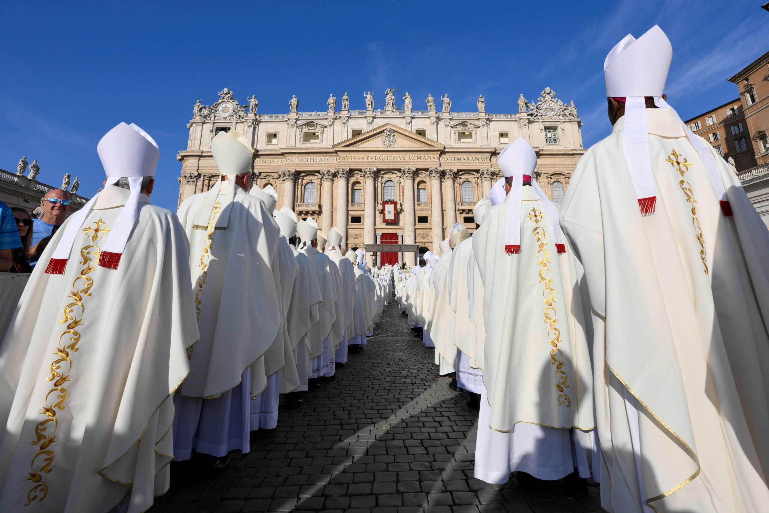 Clergy members attend a mass, led by Pope Francis, to open the Synod of Bishops in St Peter's Square at the Vatican, October 4, 2023.    Vatican Media