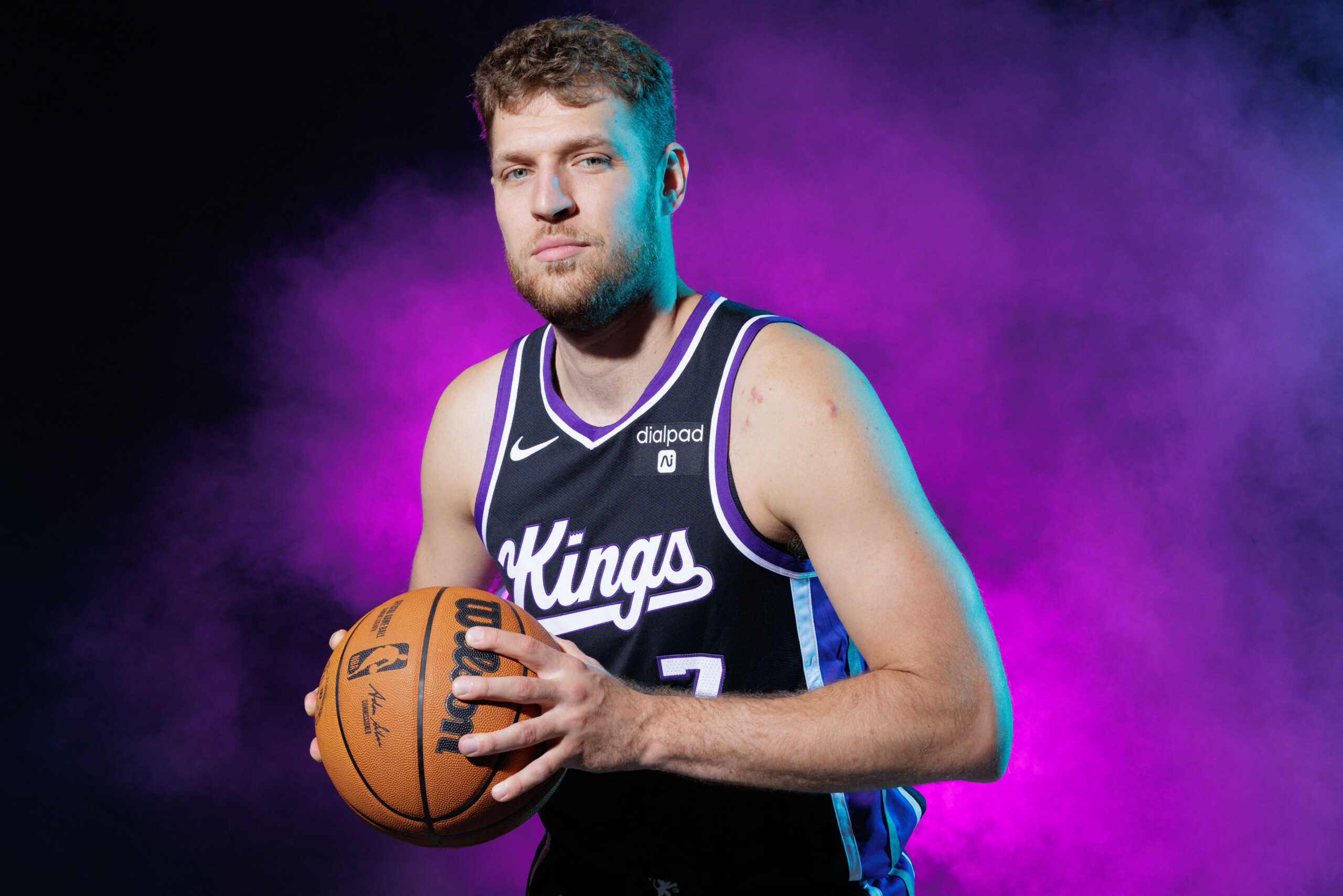 Oct 2, 2023; Sacramento, CA, USA; Sacramento Kings forward Sasha Vezenkov (7) poses for a photo during media day at Golden 1 Center. Mandatory Credit: Sergio Estrada-USA TODAY Sports