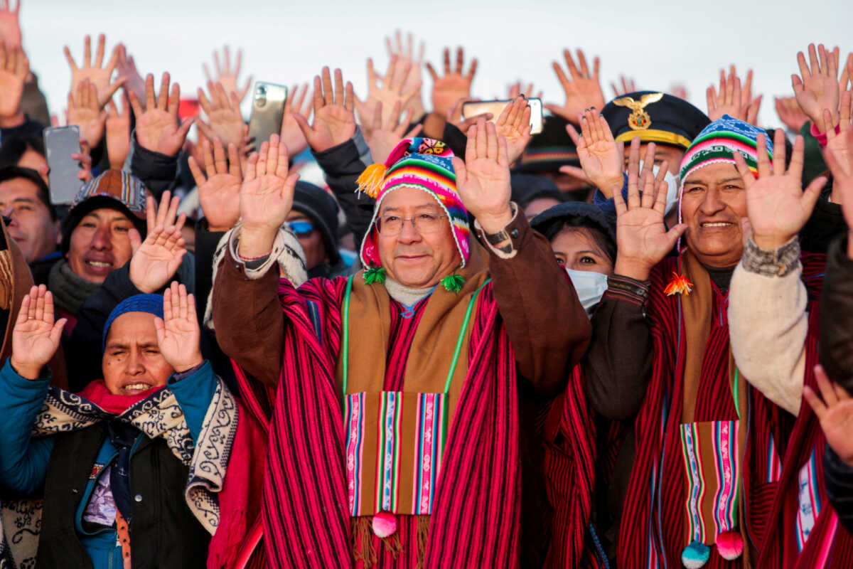 FILE PHOTO: Bolivia's President Luis Arce and former President Evo Morales attend an ancestral ceremony to ring in the Aymara New Year, in Tiwanaku, Bolivia June 21, 2022. REUTERS