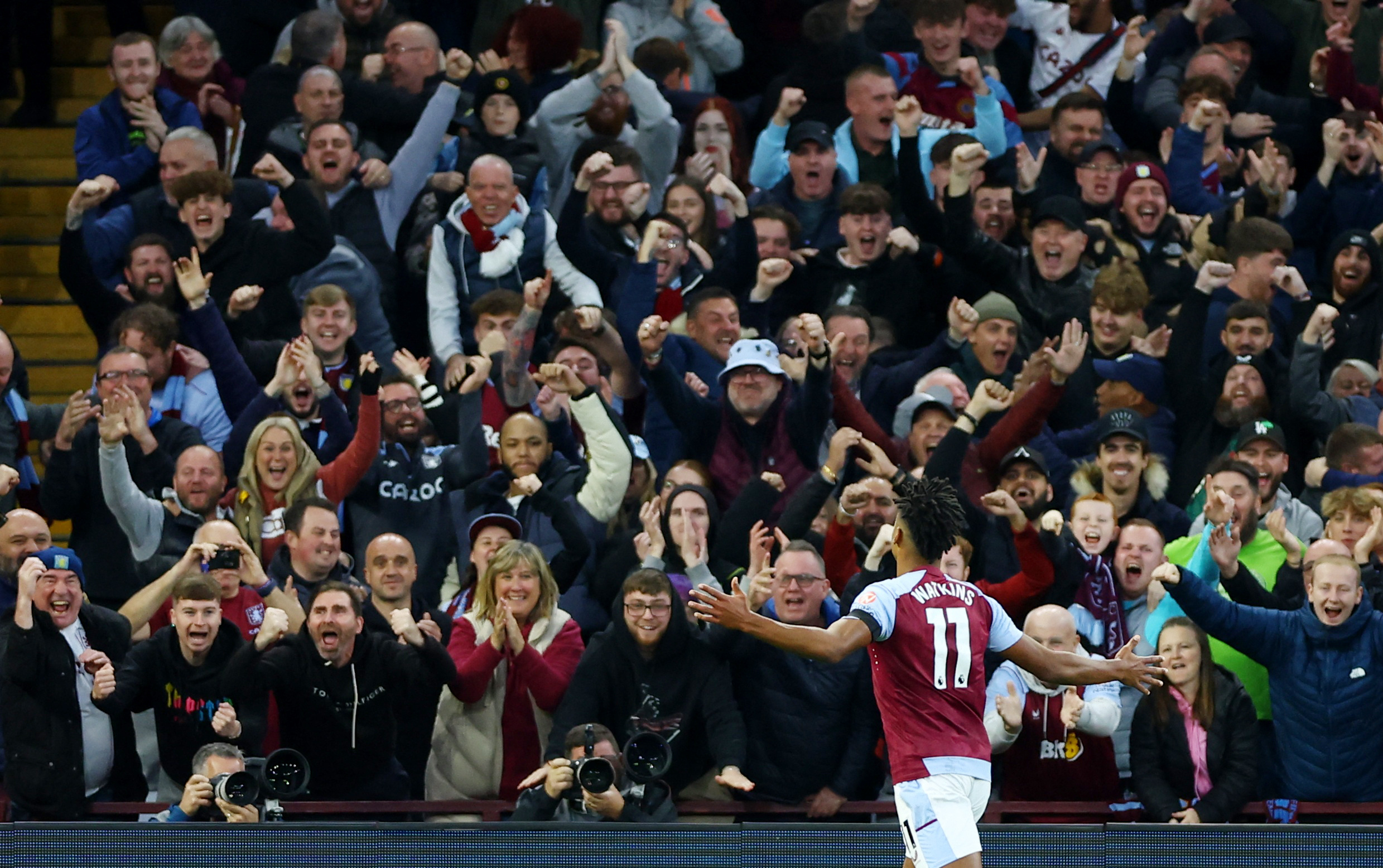 Soccer Football - Premier League - Aston Villa v West Ham United - Villa Park, Birmingham, Britain - October 22, 2023  Aston Villa's Ollie Watkins celebrates scoring their third goal Action Images via Reuters