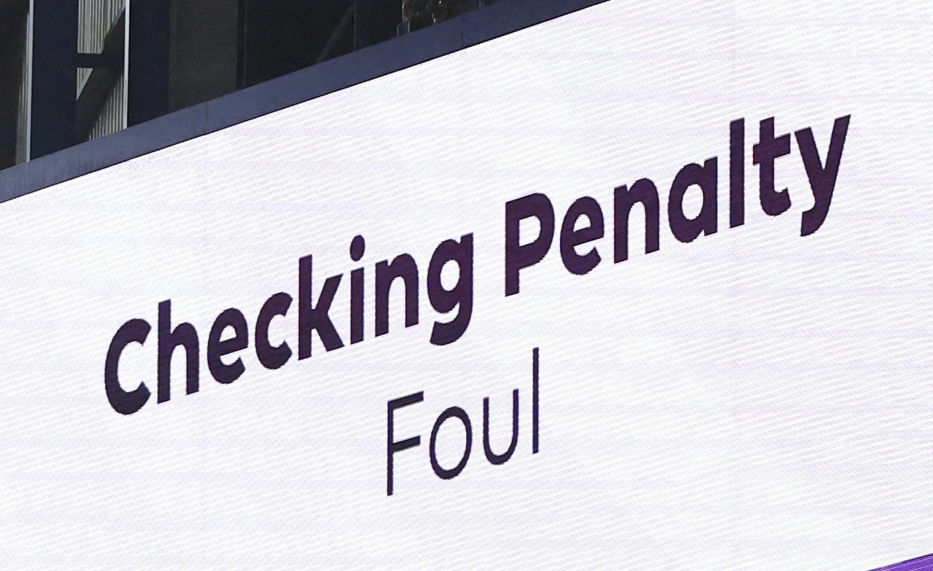 Soccer Football - Premier League - Chelsea v Manchester City - Stamford Bridge, London, Britain - November 12, 2023 General view of the big screen during a VAR review before a penalty is awarded to Manchester City Action Images via Reuters