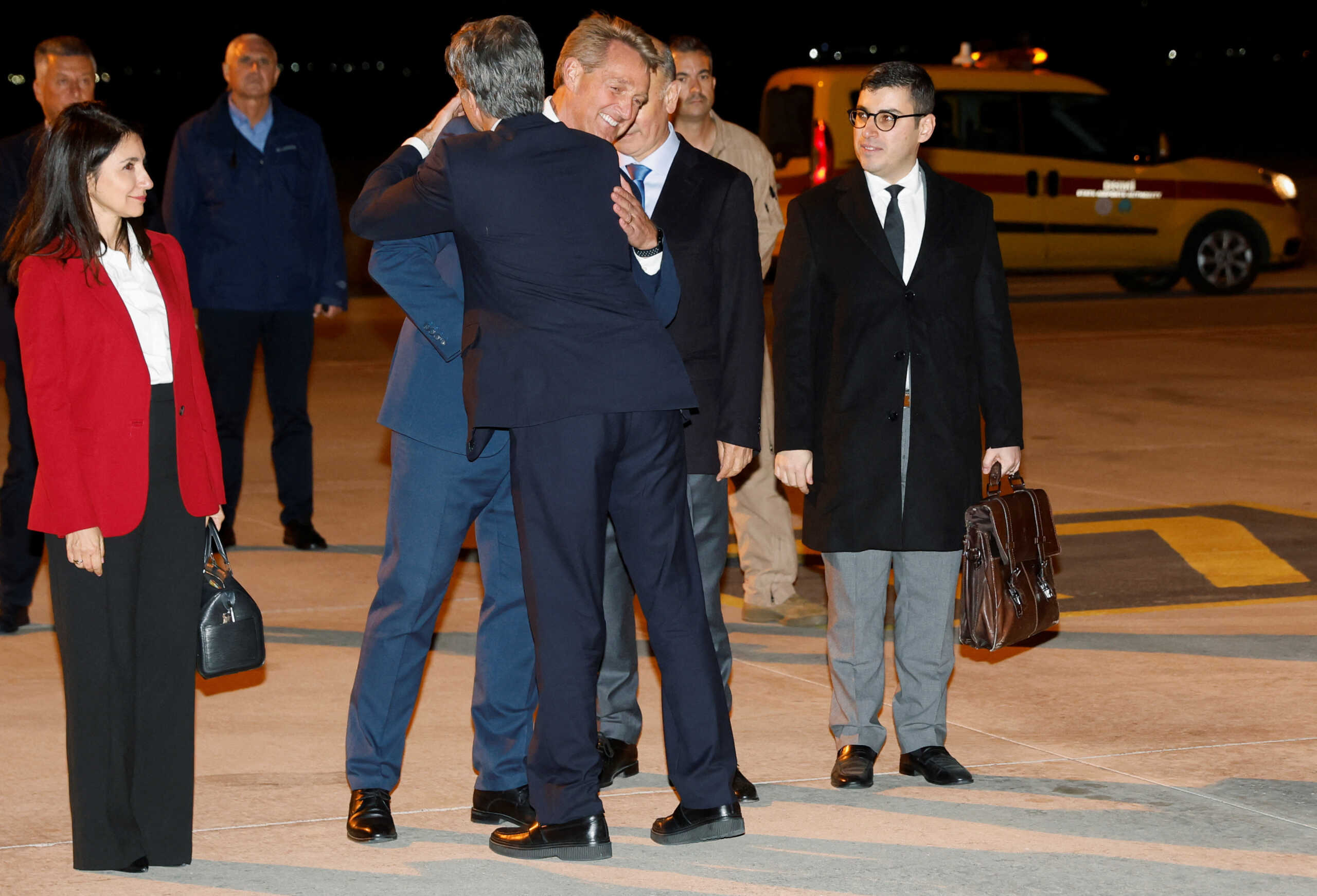 U.S. Secretary of State Antony Blinken is greeted by U.S. Ambassador to Turkey Jeff Flake upon his arrival at Ankara Esenboga Airport, amid the ongoing conflict between Israel and the Palestinian Islamist group Hamas, in Ankara, Turkey November 6, 2023. REUTERS