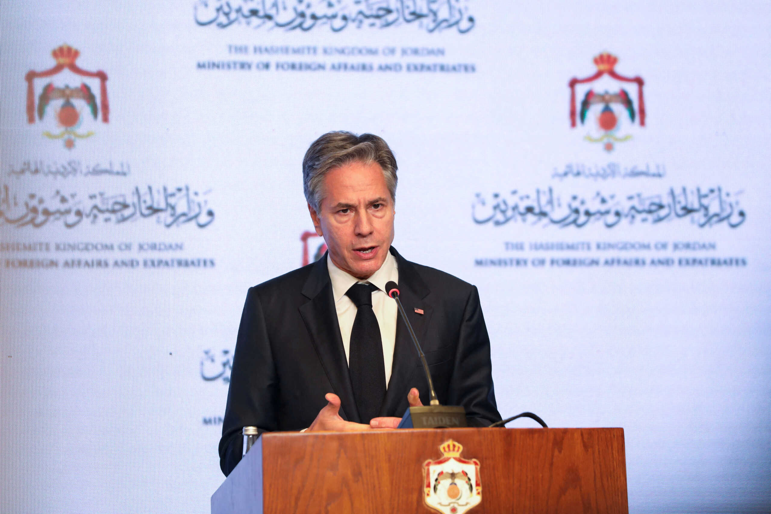 U.S. Secretary of State Antony Blinken attends a joint press conference with Egyptian Foreign Minister Sameh Shoukry (not pictured) and Jordanian Foreign Minister Ayman Safadi (not pictured), in Amman, Jordan November 4, 2023. REUTERS