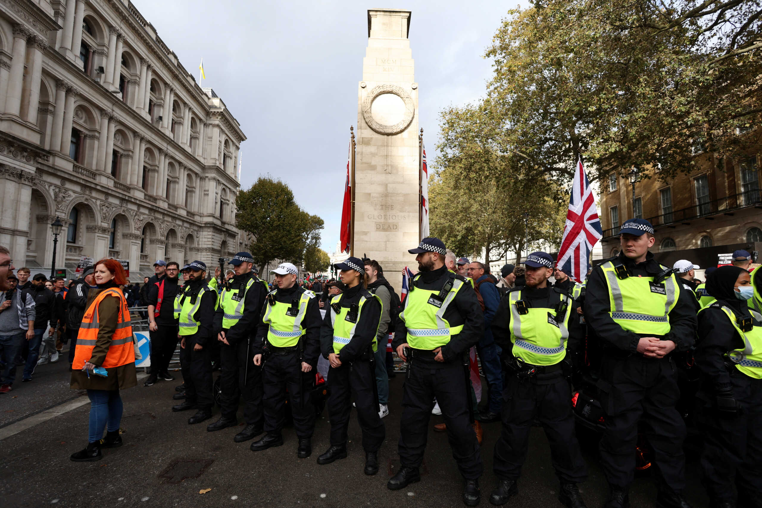 Police officers guard 'The Cenotaph' on the day of a protest in solidarity with Palestinians in Gaza, amid the ongoing conflict between Israel and the Palestinian Islamist group Hamas, in London, Britain, October 28, 2023. REUTERS