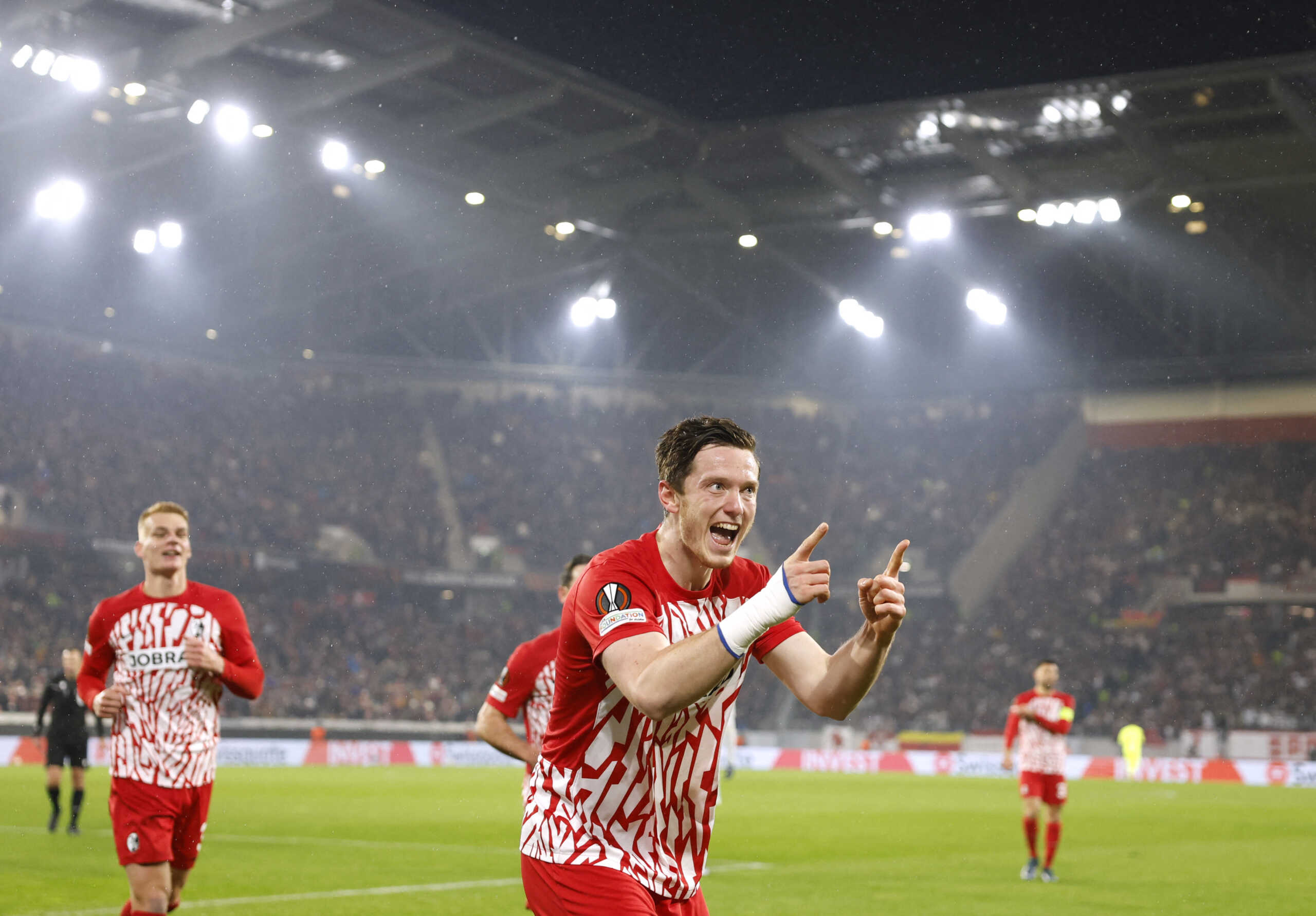 Soccer Football - Europa League - Group A - SC Freiburg v Olympiacos - Europa Park Stadion, Freiburg, Germany - November 30, 2023 SC Freiburg's Michael Gregoritsch celebrates scoring their second goal REUTERS