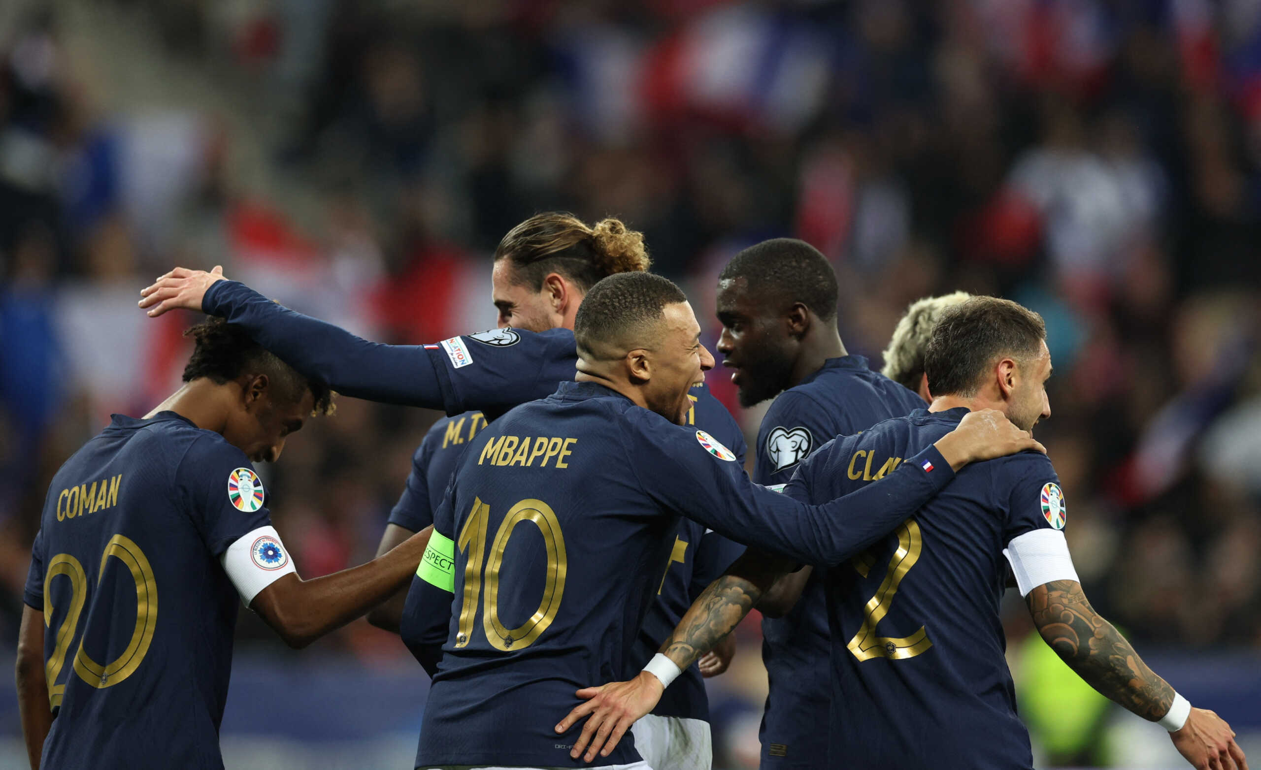 Soccer Football - Euro 2024 Qualifier - Group B - France v Gibraltar - Allianz Riviera, Nice, France - November 18, 2023 France's Kingsley Coman celebrates scoring their ninth goal with teammates REUTERS