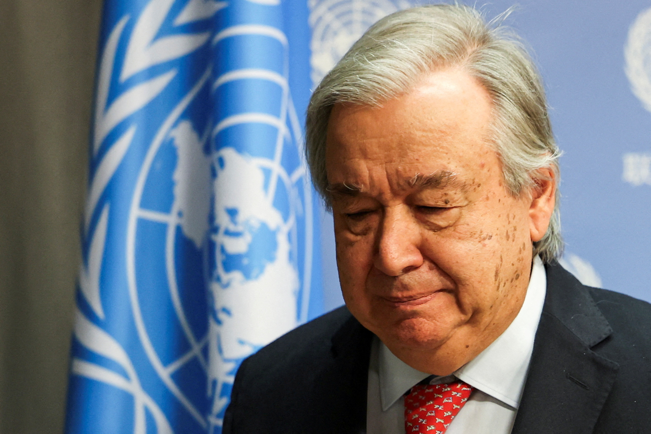 FILE PHOTO: United Nations Secretary-General Antonio Guterres exits the press room after speaking at the United Nations prior to a meeting about the ongoing conflict in Gaza, at the United Nations Headquarters in New York City, U.S., November 6, 2023.  REUTERS