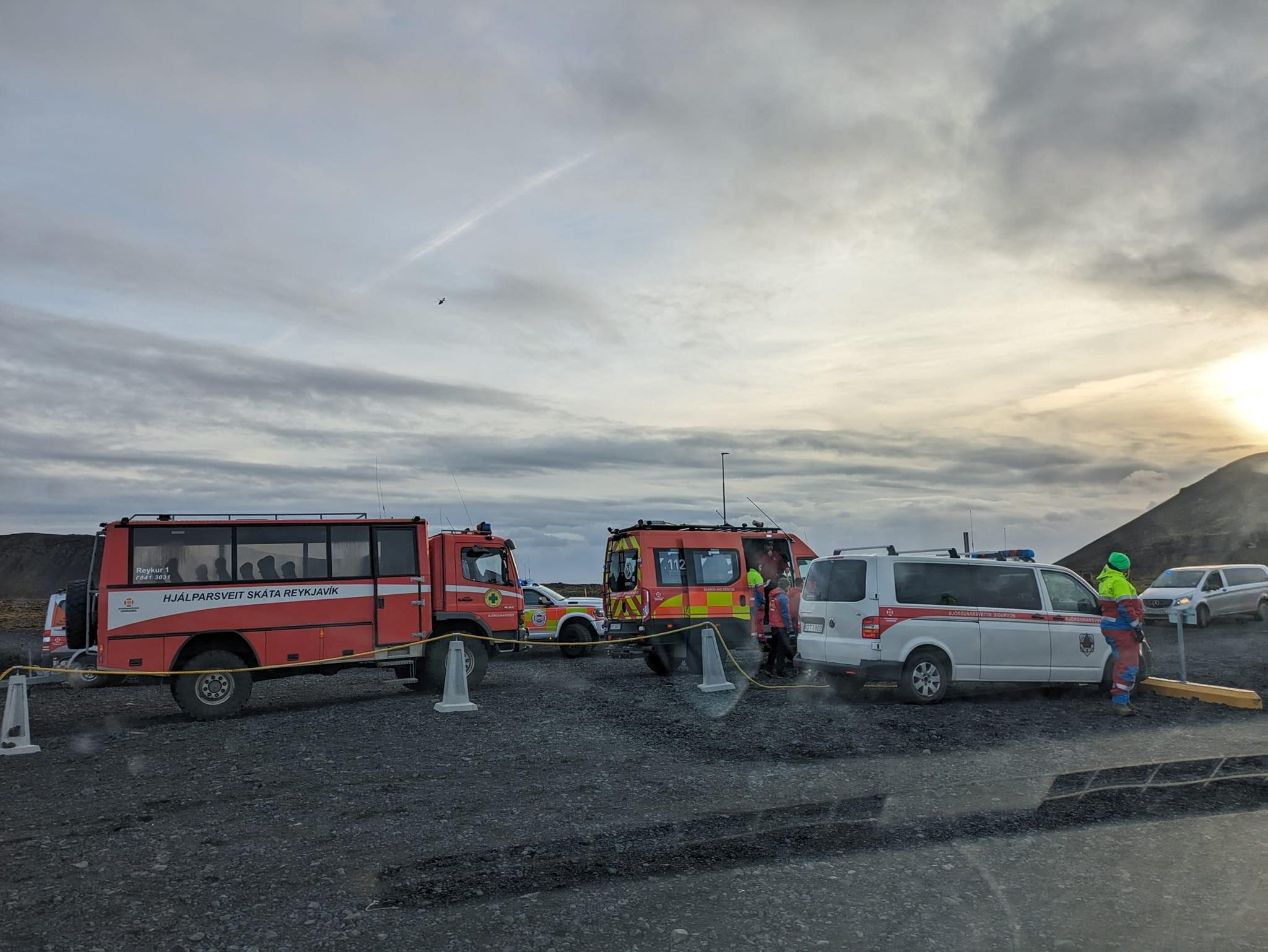 Emergency vehicles are parked on a road after Iceland's Civil Protection Agency ordered a complete evacuation of Grindavik due to volcanic activity near Grindavik, Iceland in this image obtained on November 12, 2023, in this image obtained by REUTERS THIS IMAGE HAS BEEN SUPPLIED BY A THIRD PARTY NO RESALES. NO ARCHIVES.