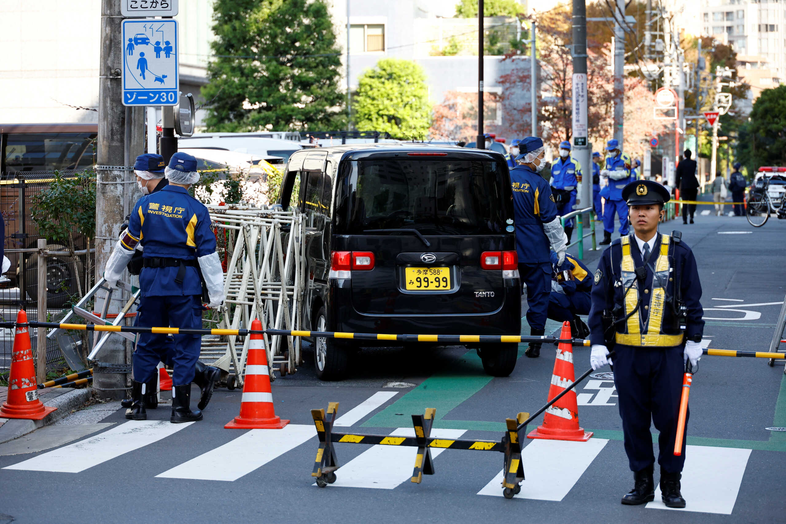 A view of the scene after a car crashed into a barricade near the Israeli embassy in Tokyo, Japan, November 16, 2023.   REUTERS