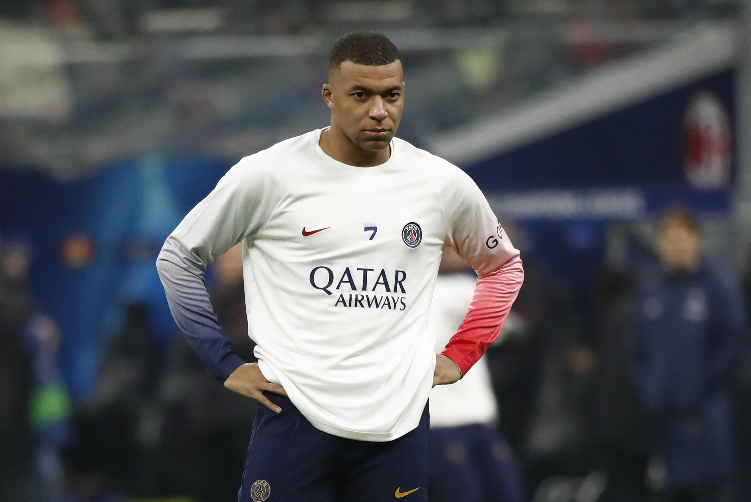 Soccer Football - Champions League - Group F - AC Milan v Paris St Germain - San Siro, Milan, Italy - November 7, 2023 Paris St Germain's Kylian Mbappe during the warm up before the match REUTERS
