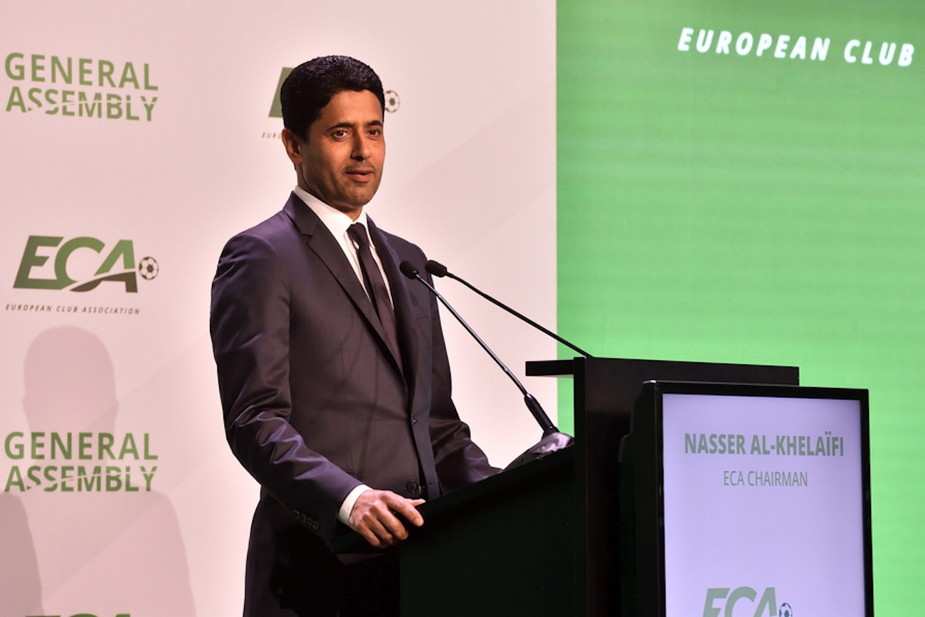 epa10545729 ECA President Nasser Al Khelaifi addresses the 29th General Assembly of European Club Association (ECA) in Budapest, Hungary, 27 March 2023.  EPA