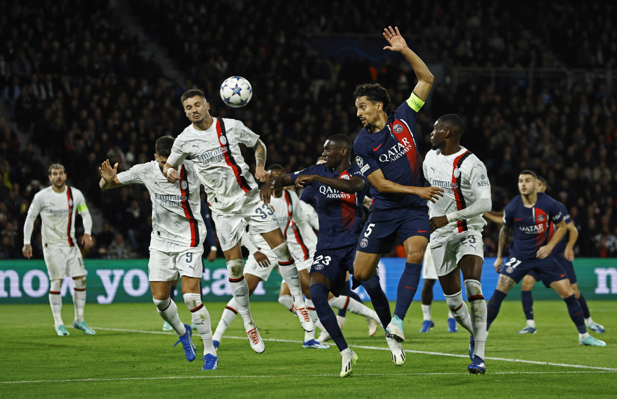 Soccer Football - Champions League - Group F - Paris St Germain v AC Milan - Parc des Princes, Paris, France - October 25, 2023 AC Milan's Rade Krunic in action with Paris St Germain's Randal Kolo Muani and Marquinhos REUTERS