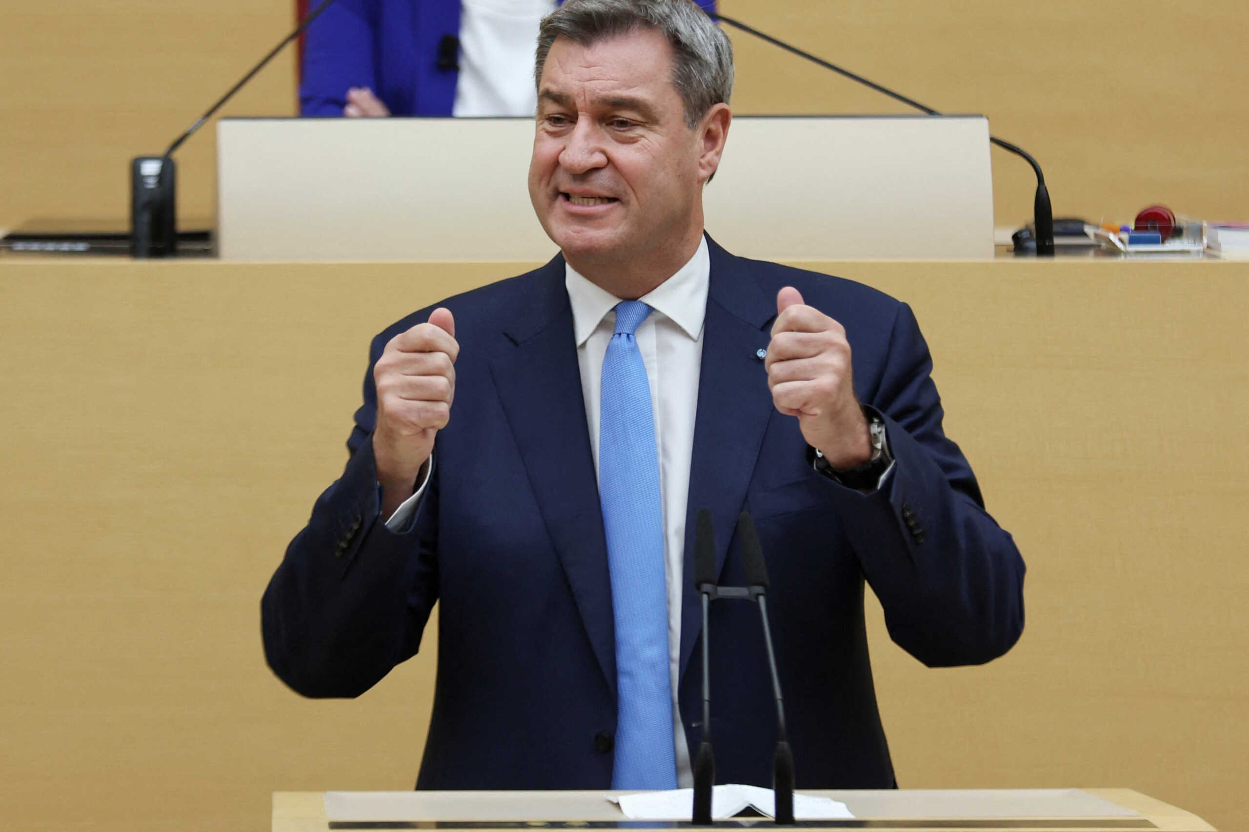 Markus Soeder of the Christian Social Union (CSU) gestures as he is sworn in as Bavarian State Prime Minister in Munich, Germany, October 31, 2023. REUTERS