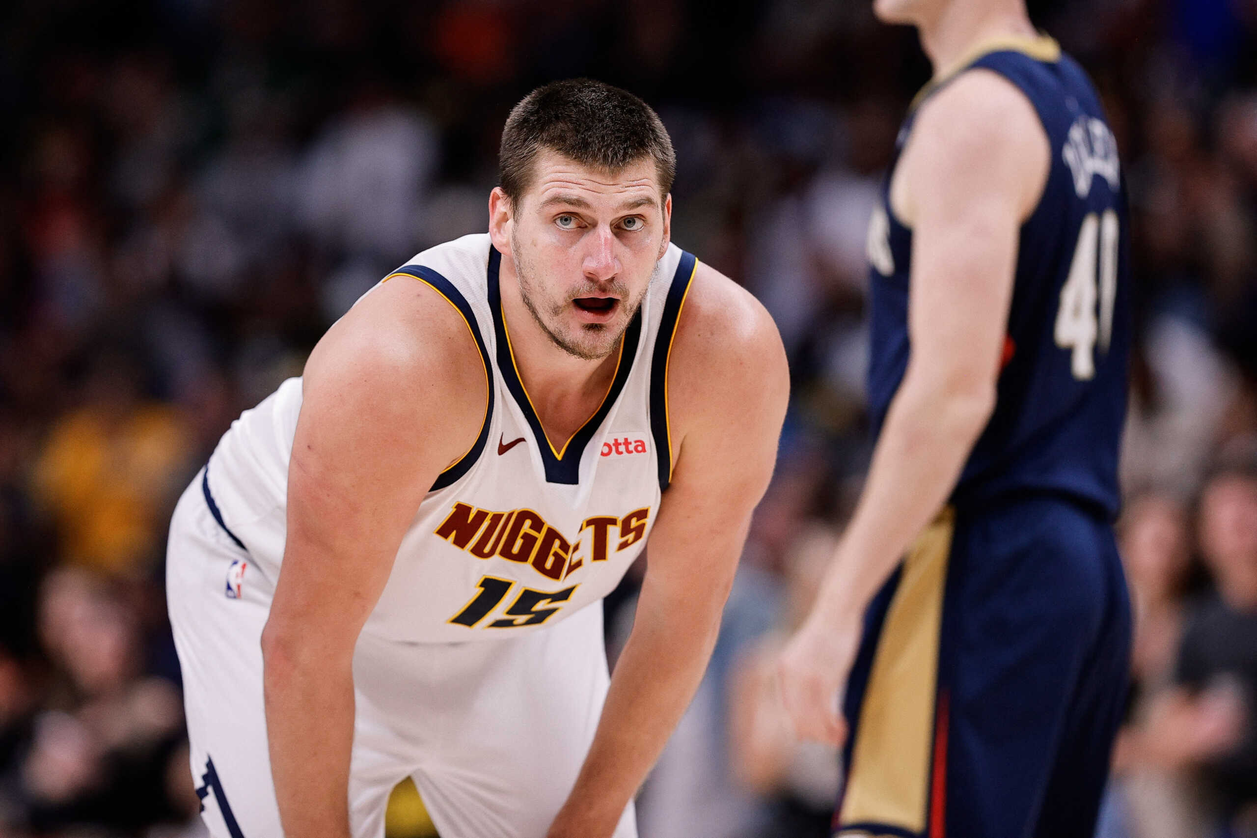 Nov 6, 2023; Denver, Colorado, USA; Denver Nuggets center Nikola Jokic (15) in the third quarter against the New Orleans Pelicans at Ball Arena. Mandatory Credit: Isaiah J. Downing-USA TODAY Sports