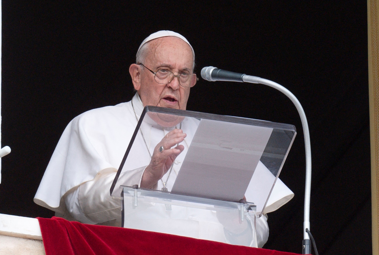 Pope Francis leads the Angelus prayer from his window, at the Vatican, October 29, 2023.  Vatican Media