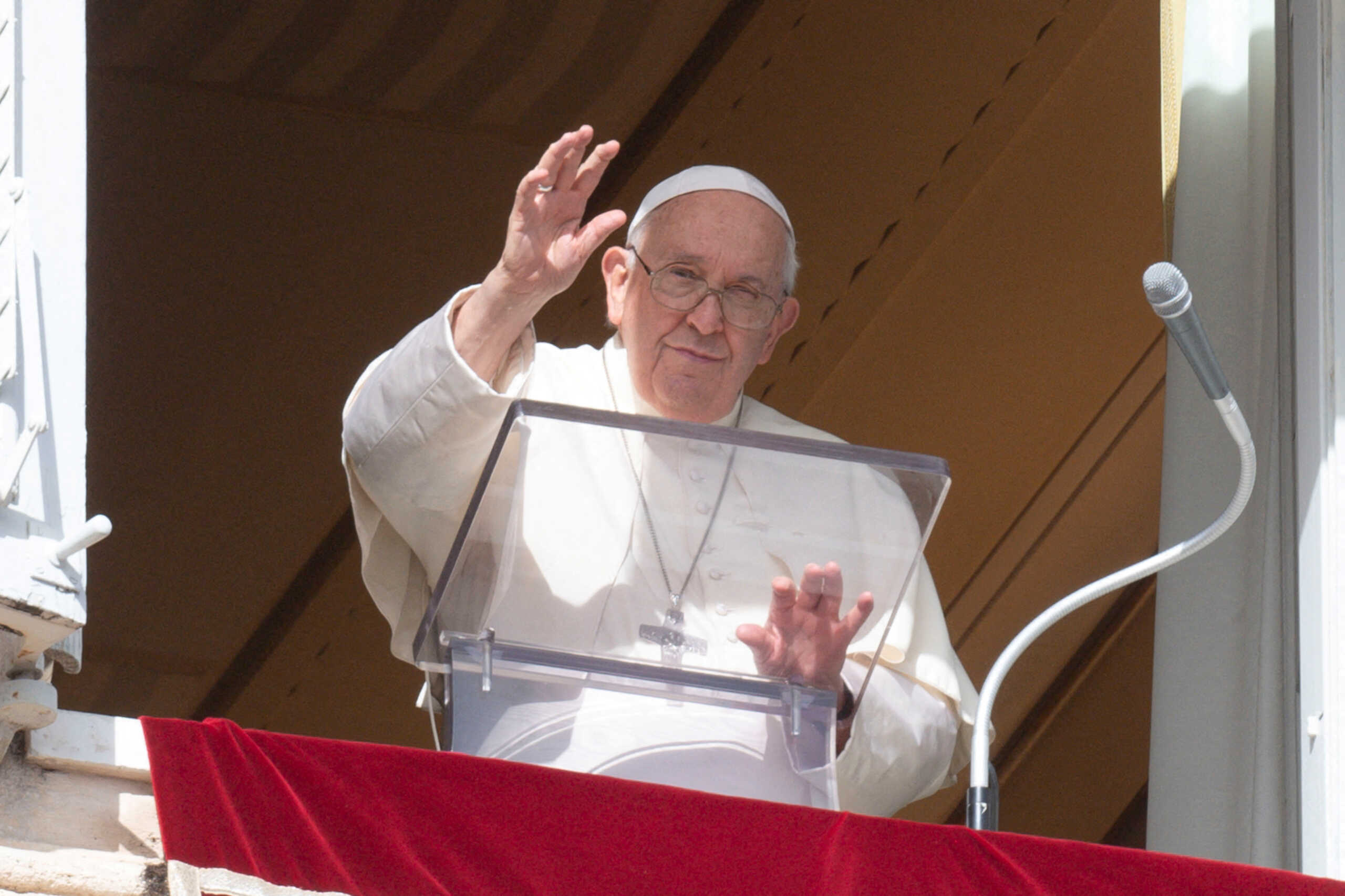 Pope Francis leads the Angelus prayer from his window, at the Vatican, November 5, 2023. Vatican Media