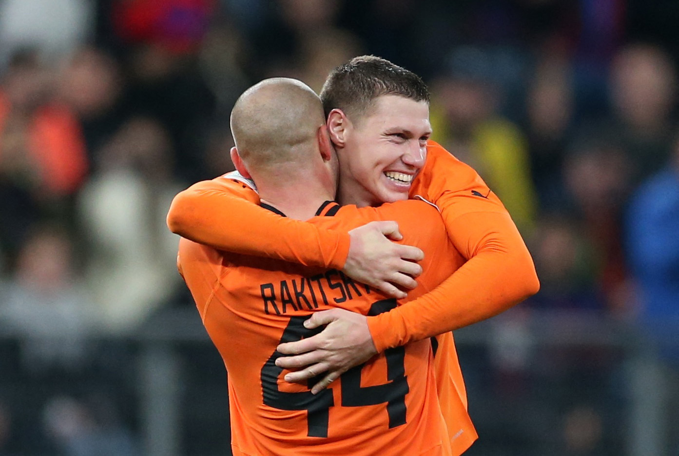 Soccer Football - Champions League - Group H - Shakhtar Donetsk v FC Barcelona - Volksparkstadion, Hamburg, Germany - November 7, 2023 Shakhtar Donetsk's Mykola Matviyenko and Yaroslav Rakitskyy celebrate after the match REUTERS