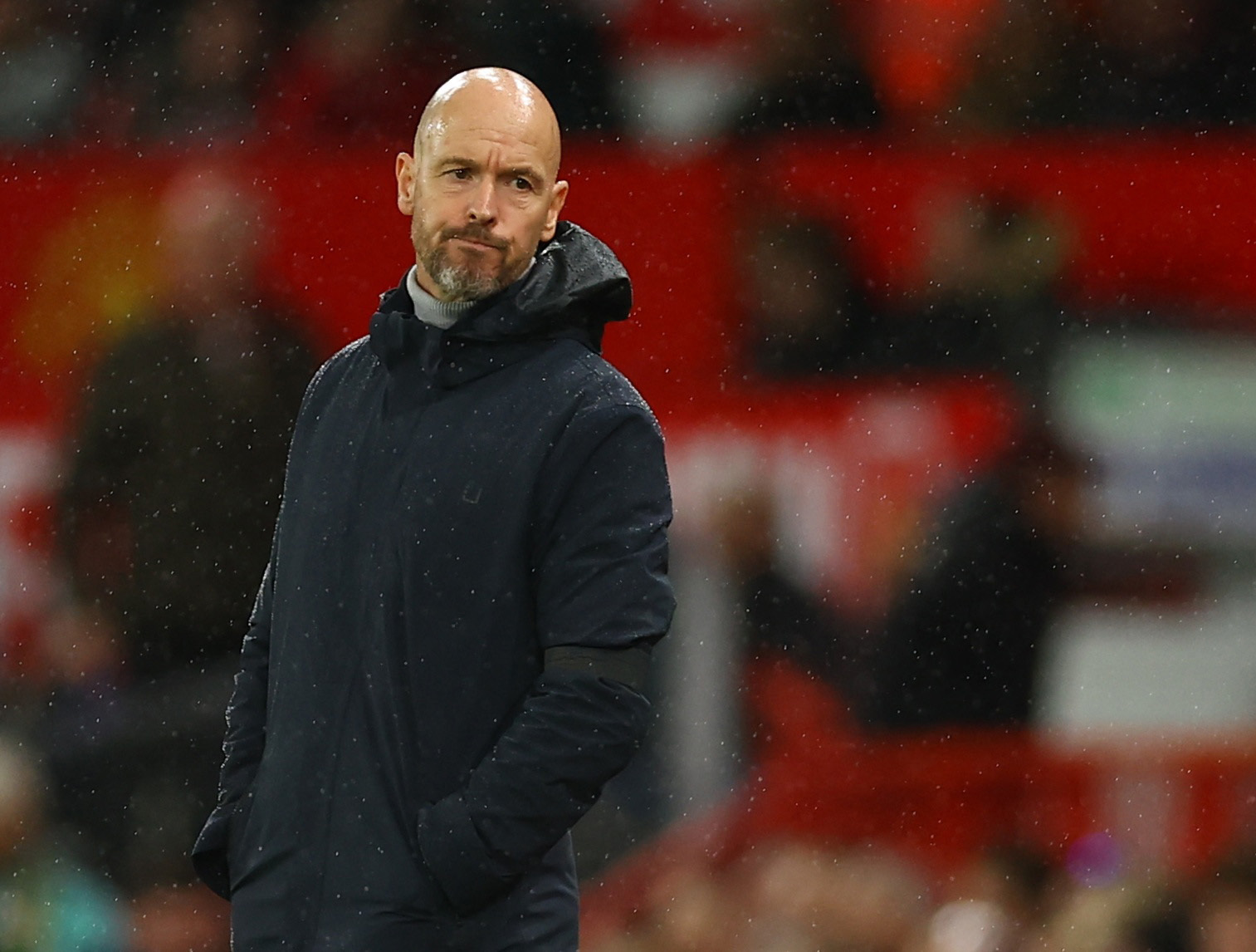 Soccer Football - Premier League - Manchester United v Manchester City - Old Trafford, Manchester, Britain - October 29, 2023   Manchester United manager Erik ten Hag reacts REUTERS