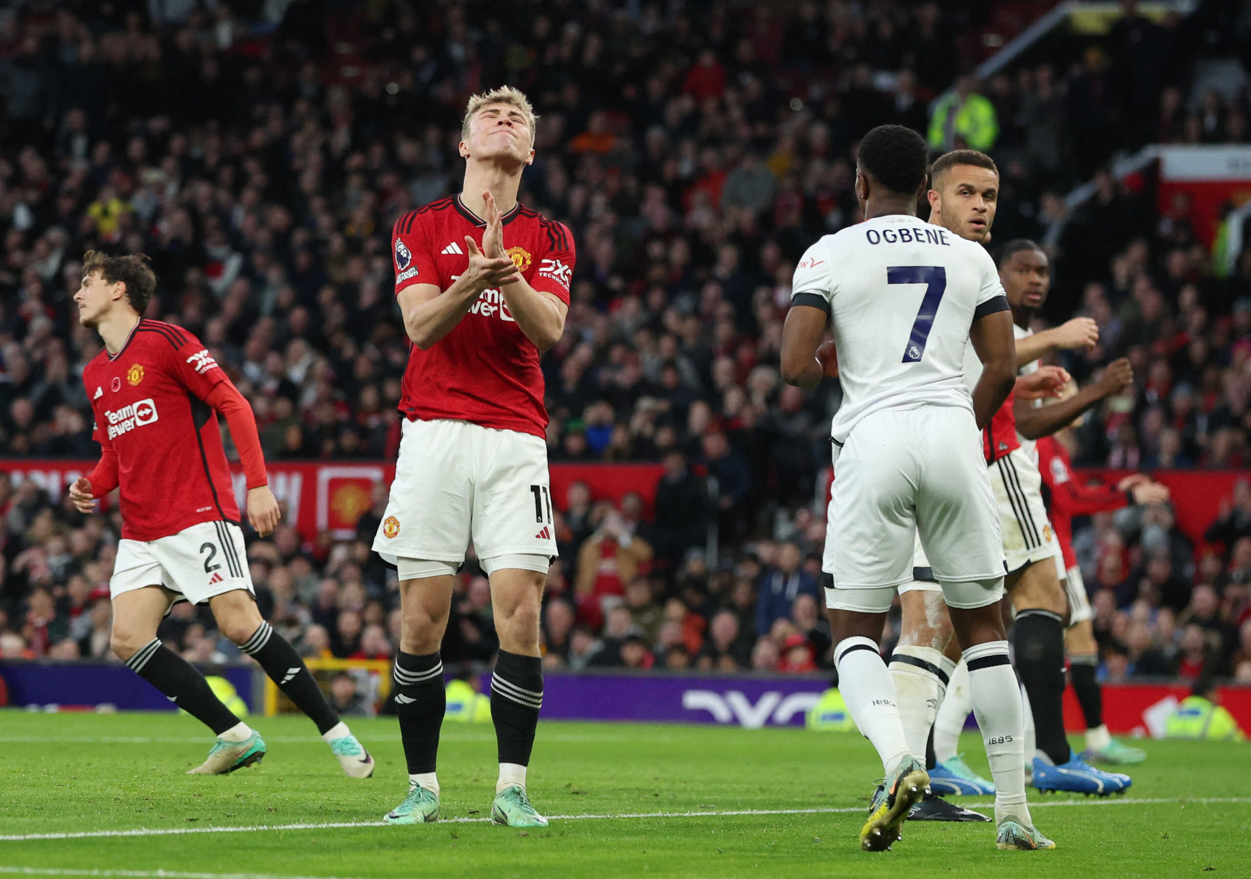 Soccer Football - Premier League - Manchester United v Luton Town - Old Trafford, Manchester, Britain - November 11, 2023 Manchester United's Rasmus Hojlund reacts REUTERS