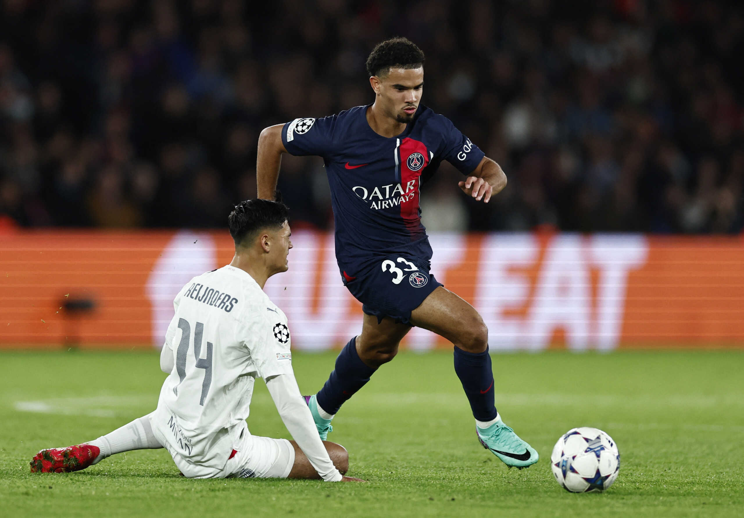 Soccer Football - Champions League - Group F - Paris St Germain v AC Milan - Parc des Princes, Paris, France - October 25, 2023 Paris St Germain's Warren Zaire-Emery in action with AC Milan's Tijjani Reijnders REUTERS