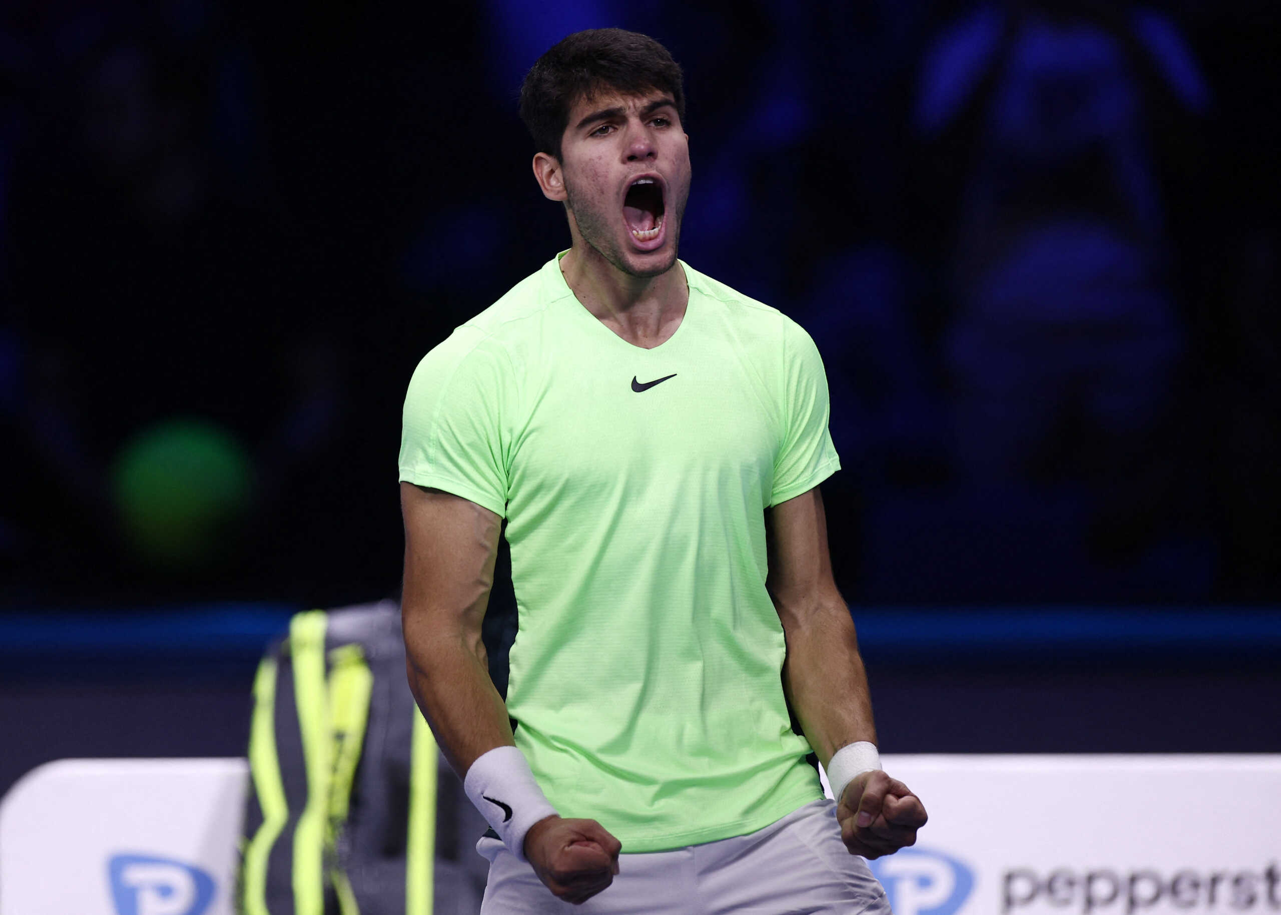Tennis - ATP Finals Turin - Pala Alpitour, Turin, Italy - November 17, 2023 Spain's Carlos Alcaraz celebrates winning his group stage match against Russia's Daniil Medvedev REUTERS