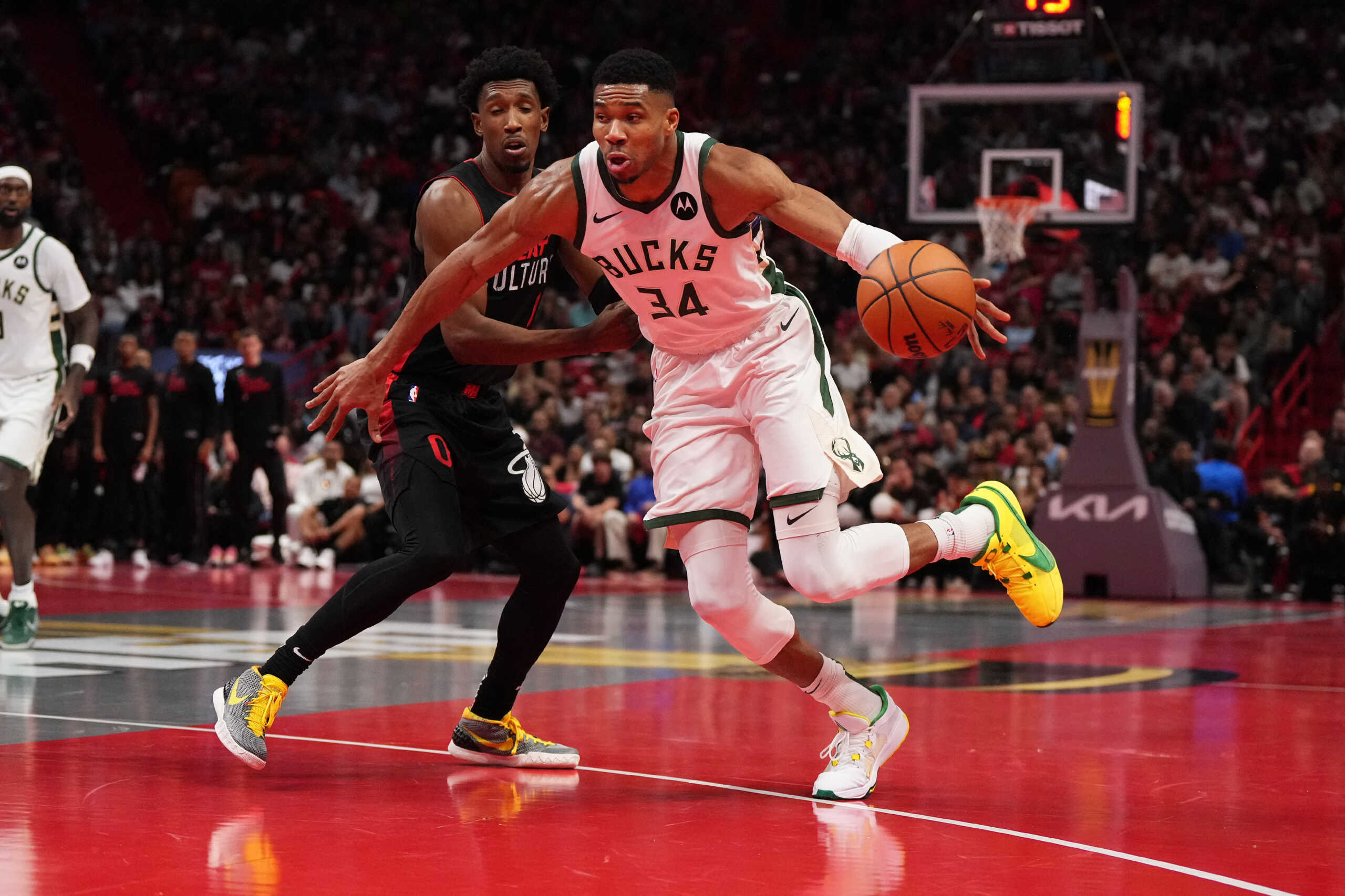 Nov 28, 2023; Miami, Florida, USA; Milwaukee Bucks forward Giannis Antetokounmpo (34) drives the ball around Miami Heat guard Josh Richardson (0) during the second half at Kaseya Center. Mandatory Credit: Jasen Vinlove-USA TODAY Sports