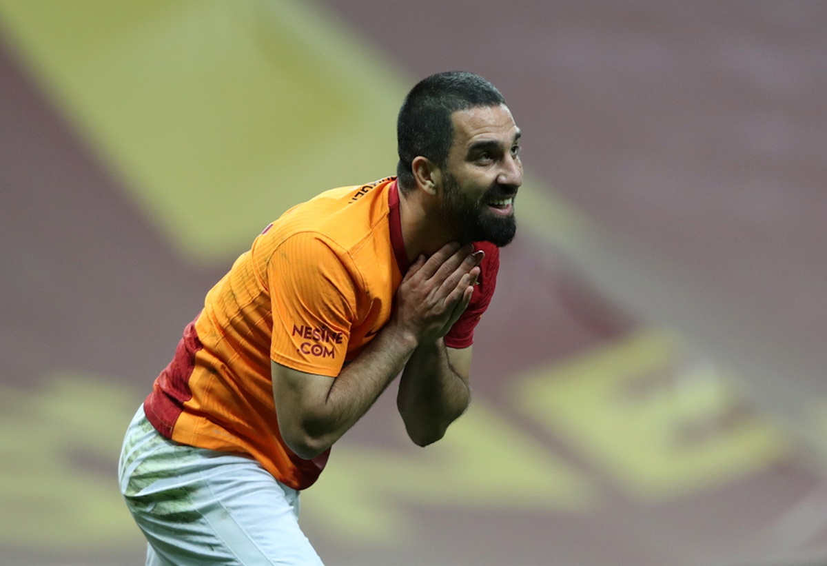 epa09202727 Arda Turan of Galatasaray reacts during the Turkish Super League soccer match between Galatasaray and Yeni Malatya in Istanbul, Turkey, 15 May 2021.  EPA