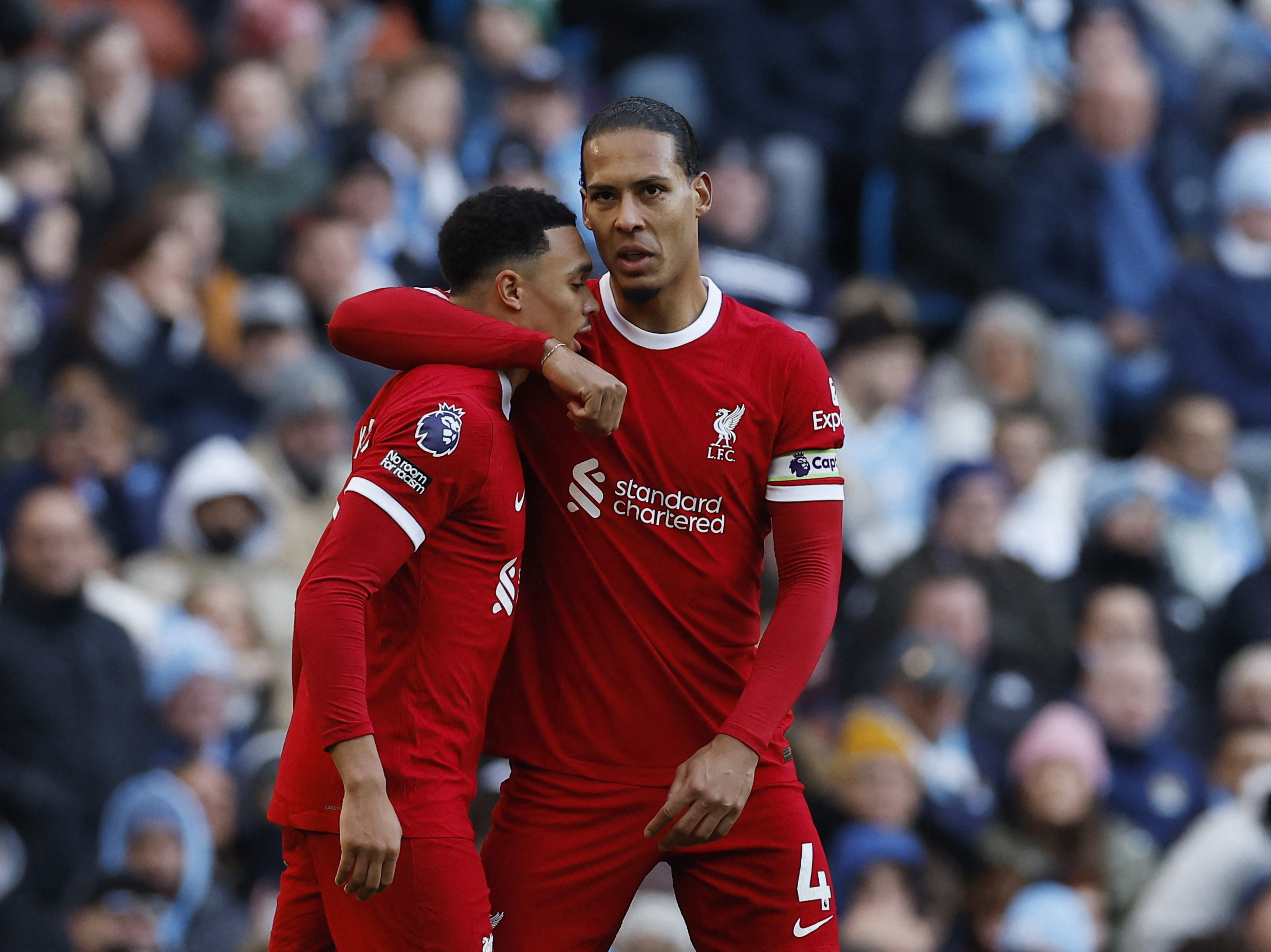 Soccer Football - Premier League - Manchester City v Liverpool - Etihad Stadium, Manchester, Britain - November 25, 2023 Liverpool's Trent Alexander-Arnold celebrates scoring their first goal with Virgil van Dijk Action Images via Reuters