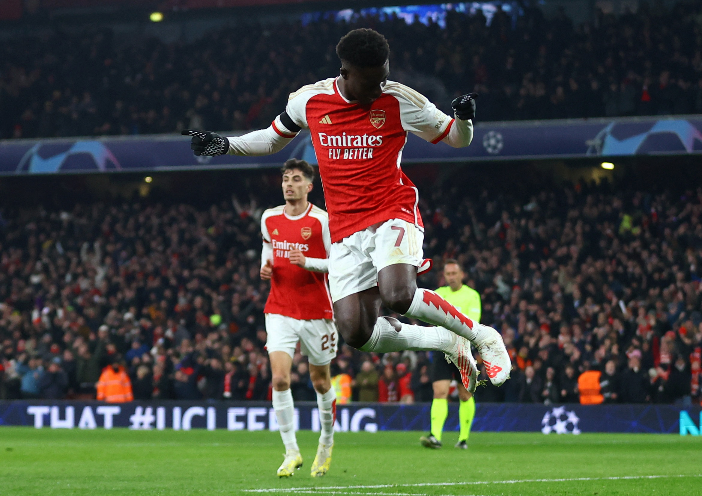 Soccer Football - Champions League - Group B - Arsenal v RC Lens - Emirates Stadium, London, Britain - November 29, 2023 Arsenal's Bukayo Saka celebrates scoring their third goal Action Images via Reuters