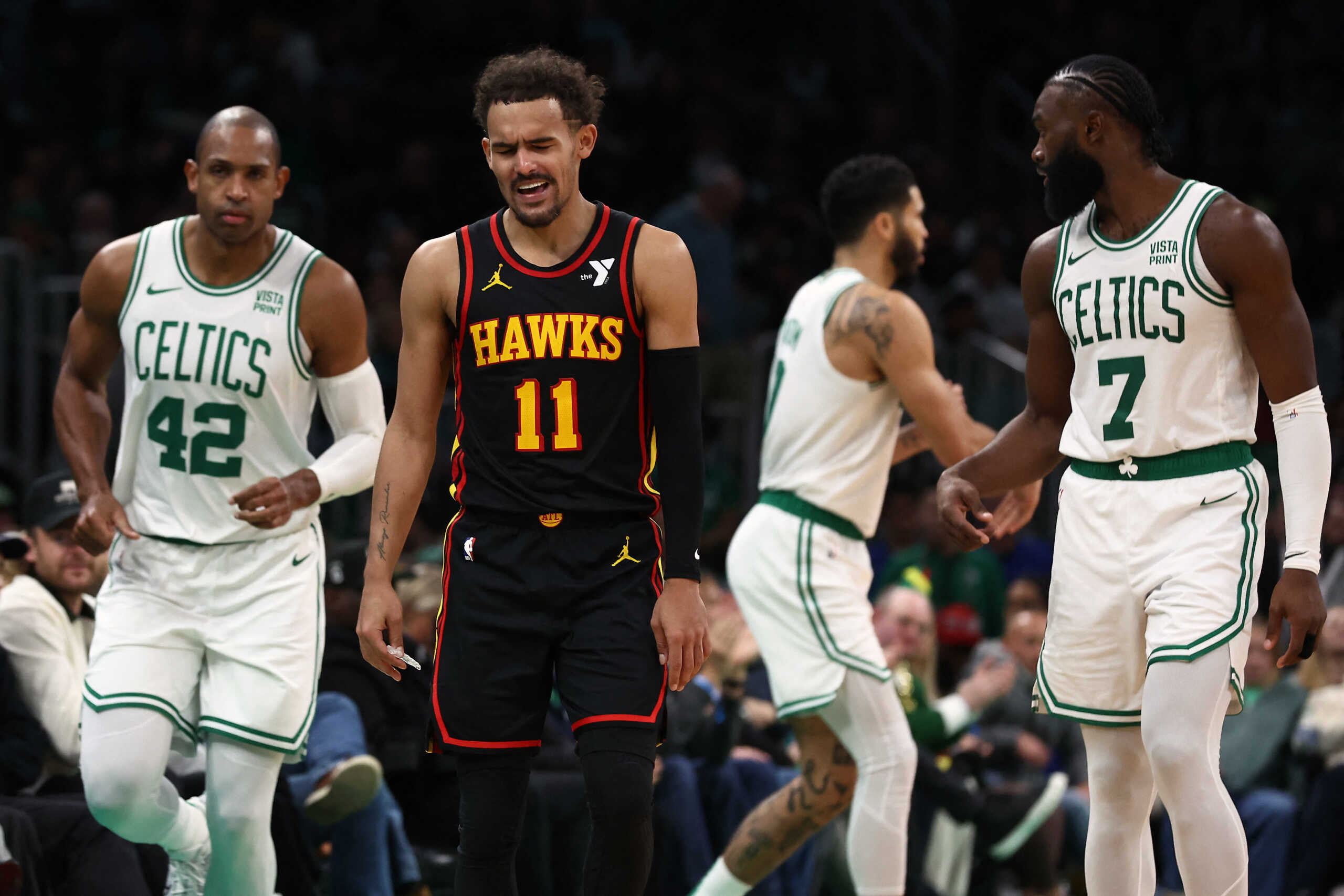 Nov 26, 2023; Boston, Massachusetts, USA; Atlanta Hawks guard Trae Young (11) reacts to a call against his team during the second half against the Boston Celtics at TD Garden. Mandatory Credit: Winslow Townson-USA TODAY Sports