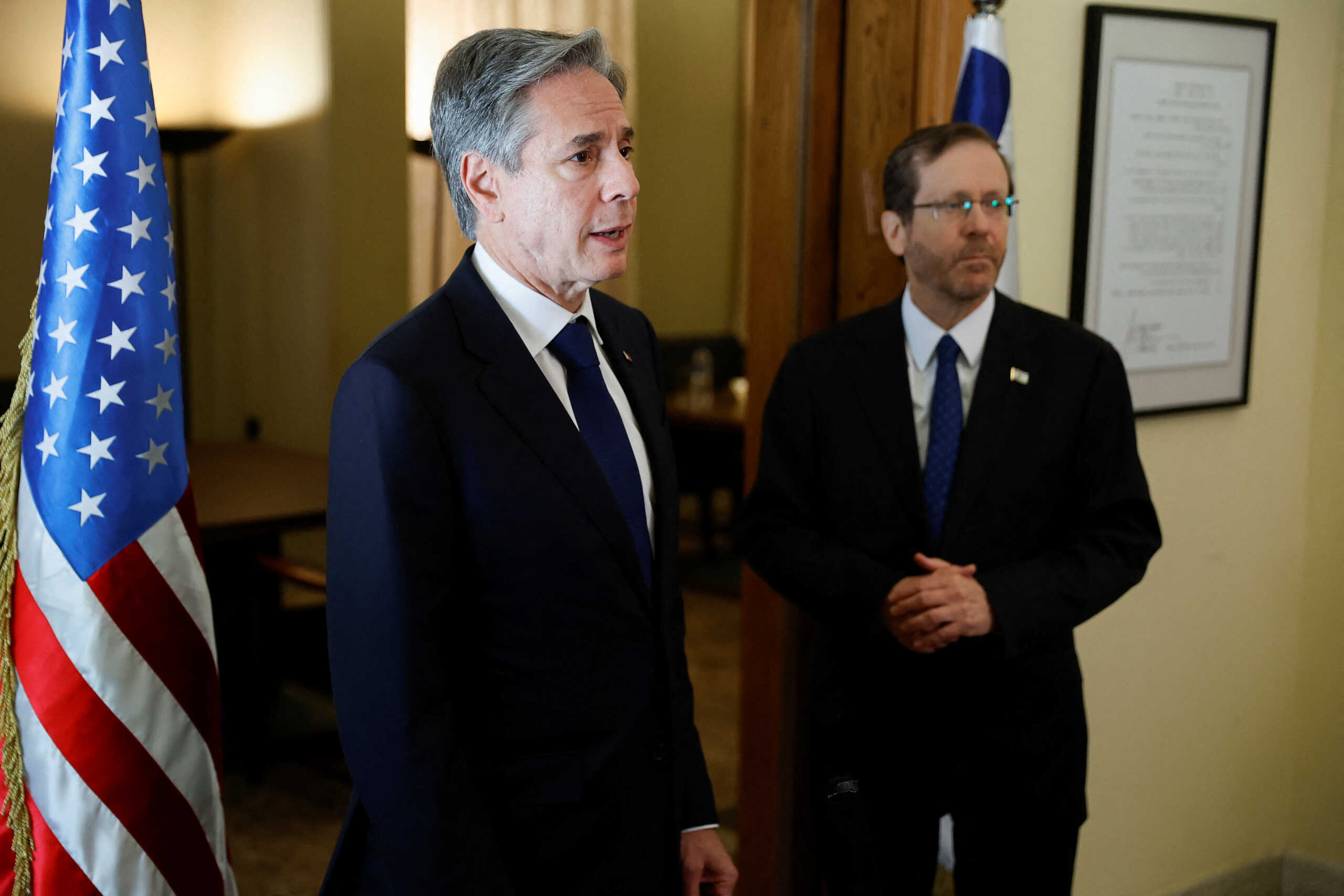 U.S. Secretary of State Antony Blinken meets with Israeli President Isaac Herzog, during his visit to Israel, amid the ongoing conflict between Israel and the Palestinian Islamist group Hamas, in Tel Aviv, Israel November 3, 2023. REUTERS