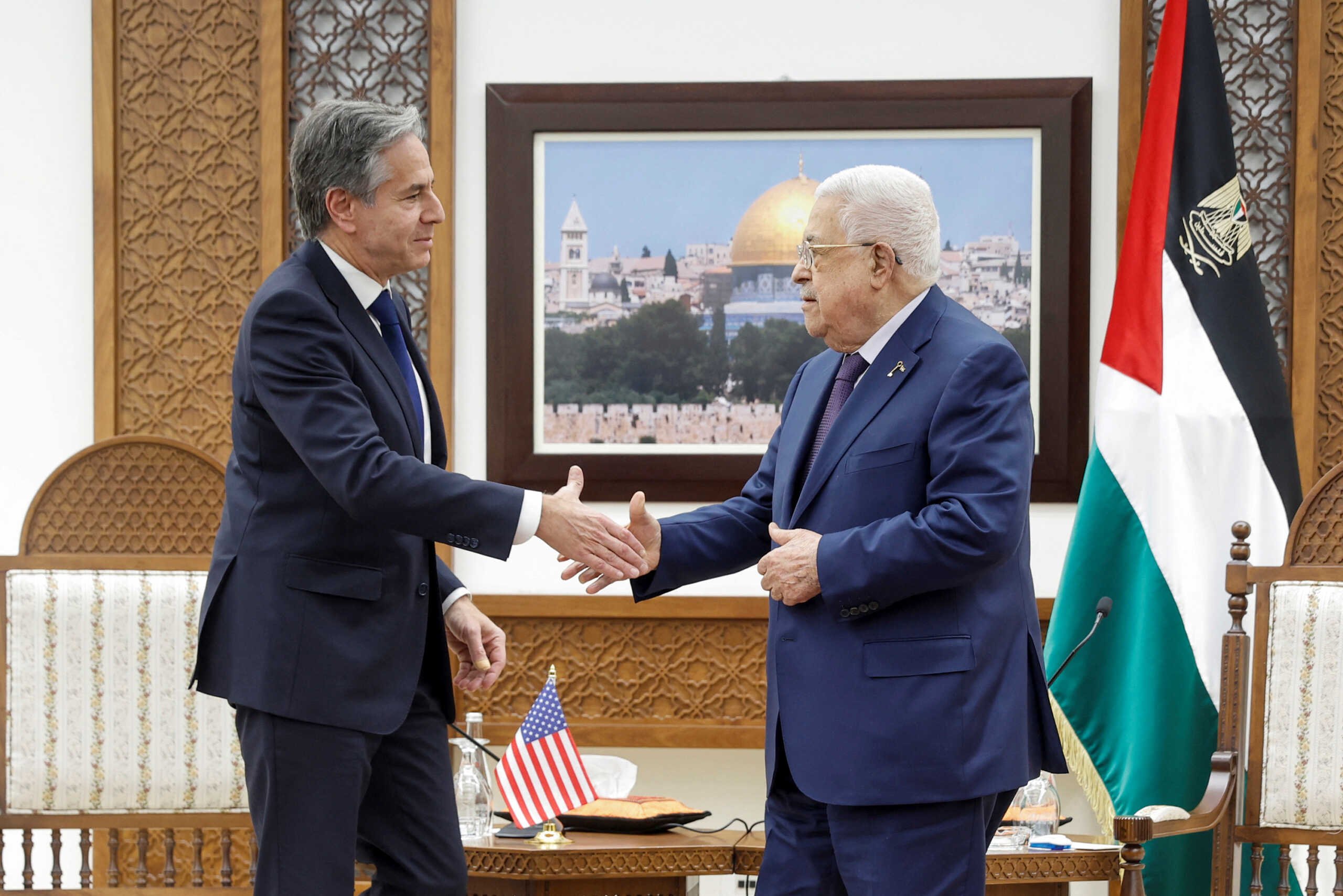 U.S. Secretary of State Antony Blinken meets with Palestinian President Mahmoud Abbas, amid the ongoing conflict between Israel and the Palestinian Islamist group Hamas, at the Muqata in Ramallah in the Israeli-occupied West Bank, November 5, 2023. REUTERS