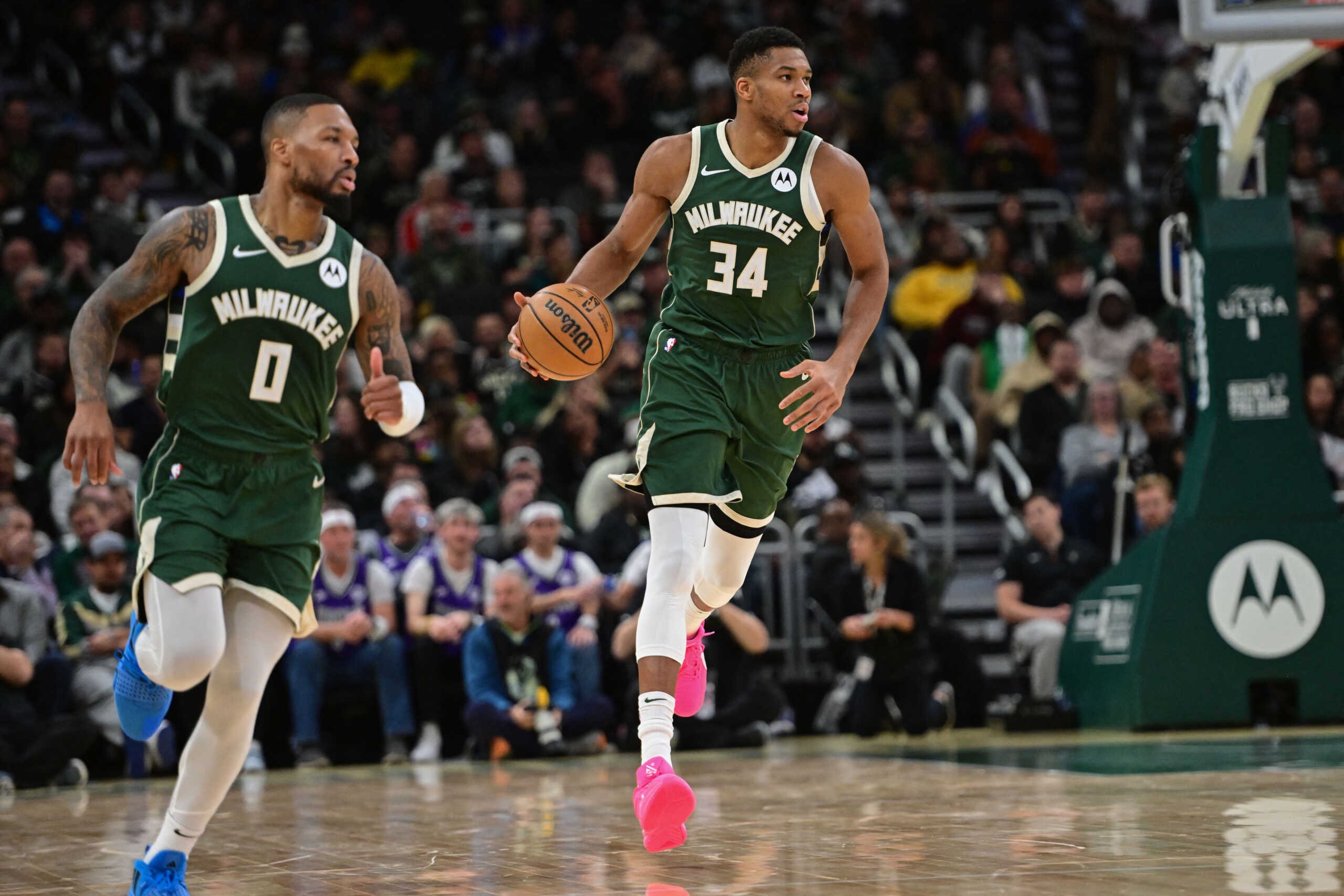Oct 30, 2023; Milwaukee, Wisconsin, USA; Milwaukee Bucks forward Giannis Antetokounmpo (34) brings the ball downcourt in the second quarter against the Miami Heat at Fiserv Forum. Mandatory Credit: Benny Sieu-USA TODAY Sports