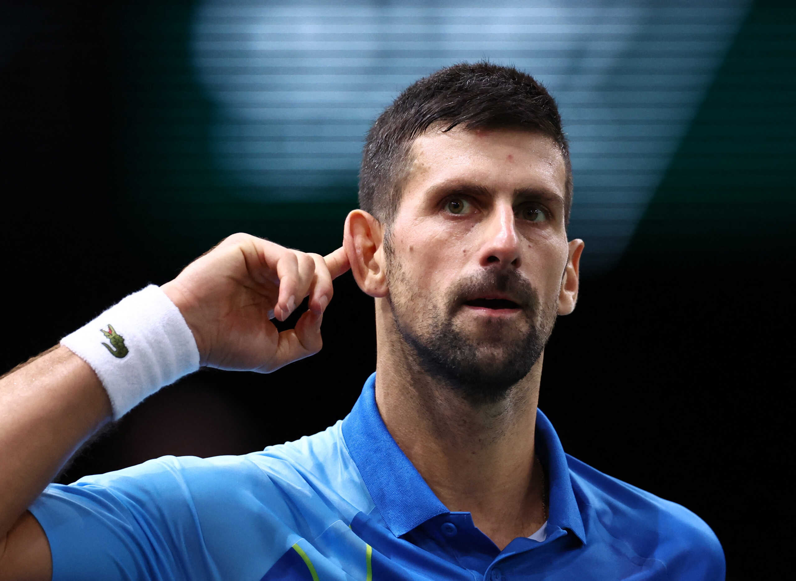 Tennis - ATP Masters 1000 - Paris Masters - AccorHotels Arena, Paris, France - November 5, 2023 Serbia's Novak Djokovic reacts during his men's singles final match against Bulgaria's Grigor Dimitrov REUTERS