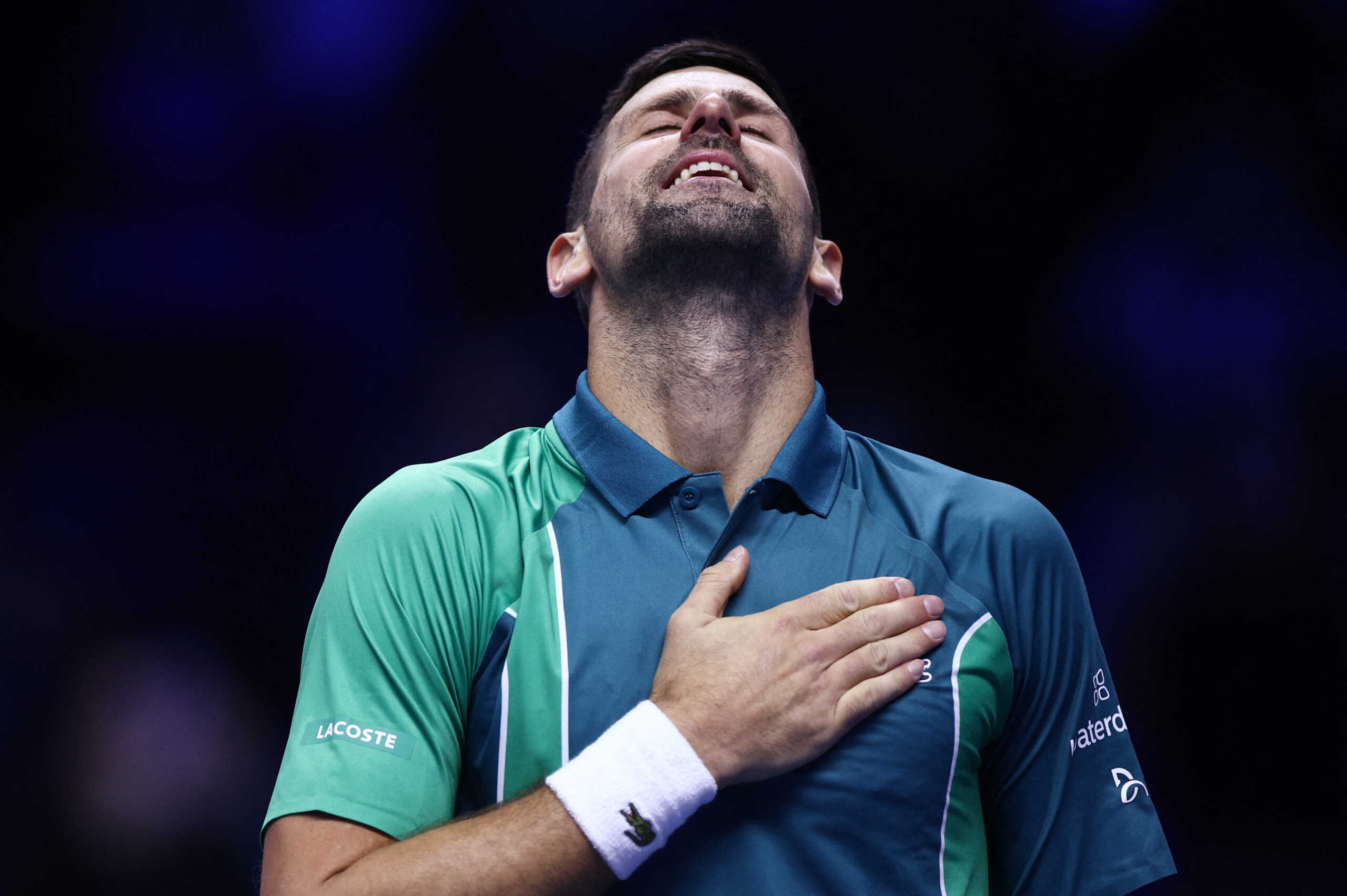Tennis - ATP Finals - Pala Alpitour, Turin, Italy - November 12, 2023 Serbia's Novak Djokovic celebrates after winning his group stage match against Denmark's Holger Rune REUTERS