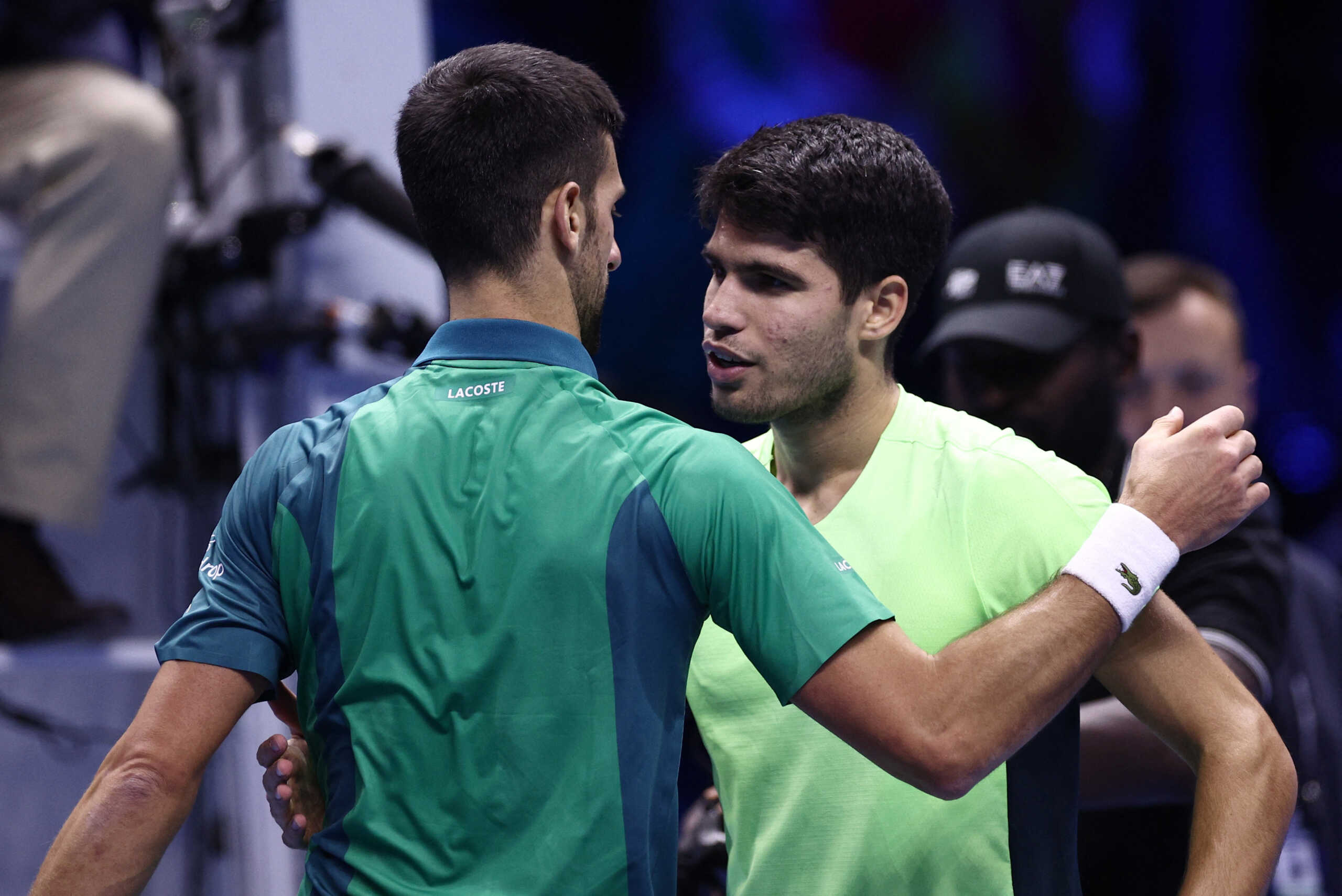 Tennis - ATP Finals - Pala Alpitour, Turin, Italy - November 18, 2023 Serbia's Novak Djokovic with Spain's Carlos Alcaraz after winning his semi final match REUTERS