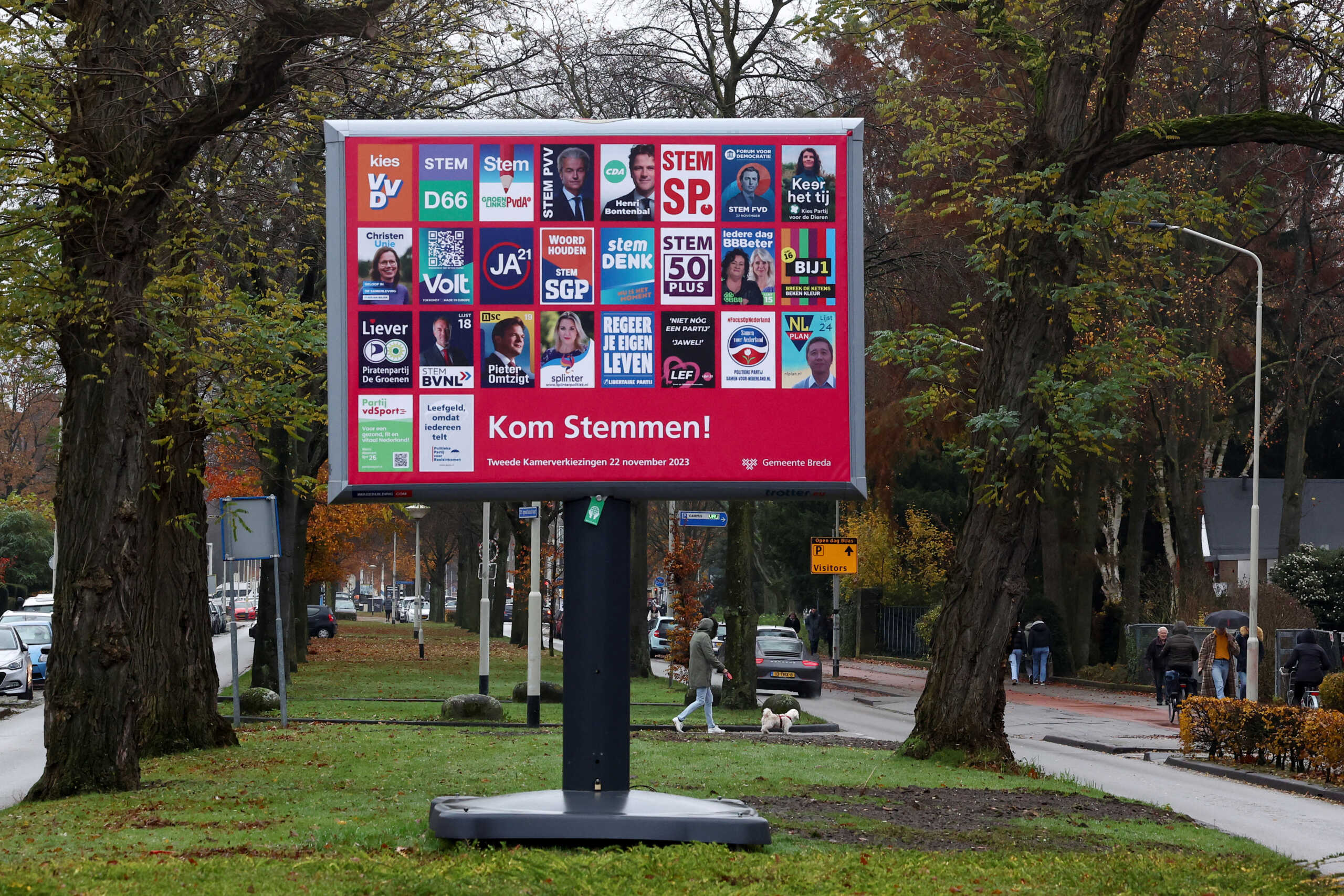 A view of election campaign posters on a hoarding in Breda, Netherlands, November 21, 2023. REUTERS